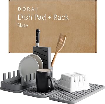 Dorai Home Collapsible Dish Drying Rack with Stone Dish Pad - Kitchen Counter Set with Diatomaceous Earth Stone Dish Mat for Quick Drying - Space-Saving Design - Original 19.9"x15.2", Slate
