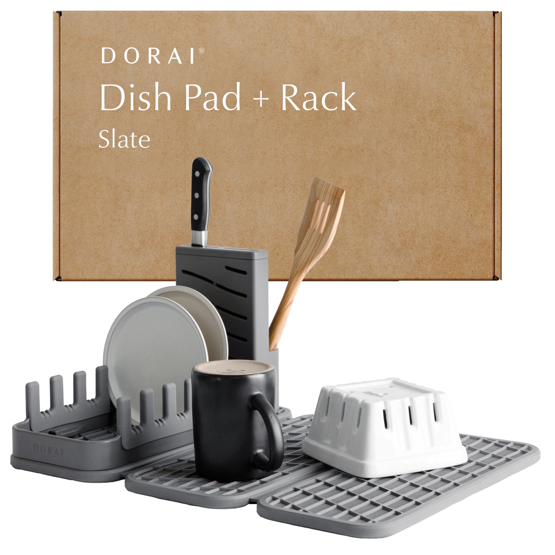Dorai Home Collapsible Dish Drying Rack with Stone Dish Pad - Kitchen Counter Set with Diatomaceous Earth Stone Dish Mat for Quick Drying - Space-Saving Design - Original 19.9"x15.2", Slate