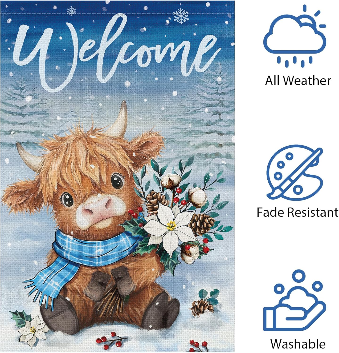 Heyfibro Welcome Winter Highland Cow Garden Flag 12x18 Inch Double Sided Burlap, Christmas Flower Pine Snowflake Snow Yard Flags for Seasonal Xmas Outside Outdoor Decoration (ONLY FLAG) - Image 5