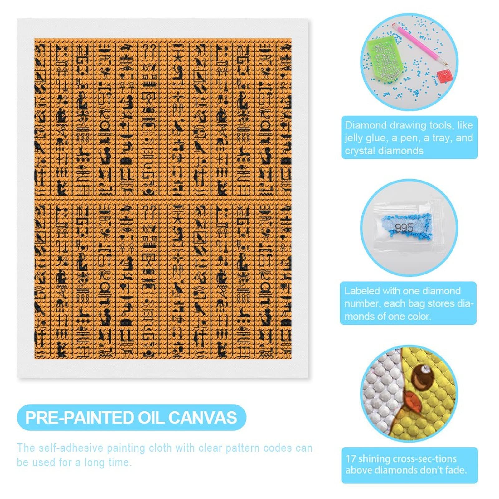Geroglifici egiziani o lettere dell'antico Egitto 5D fai da te kit di pittura artistica con diamante rotondo trapano completo quadro diamante decorazione da parete per la casa 40,6 x 50,8 cm