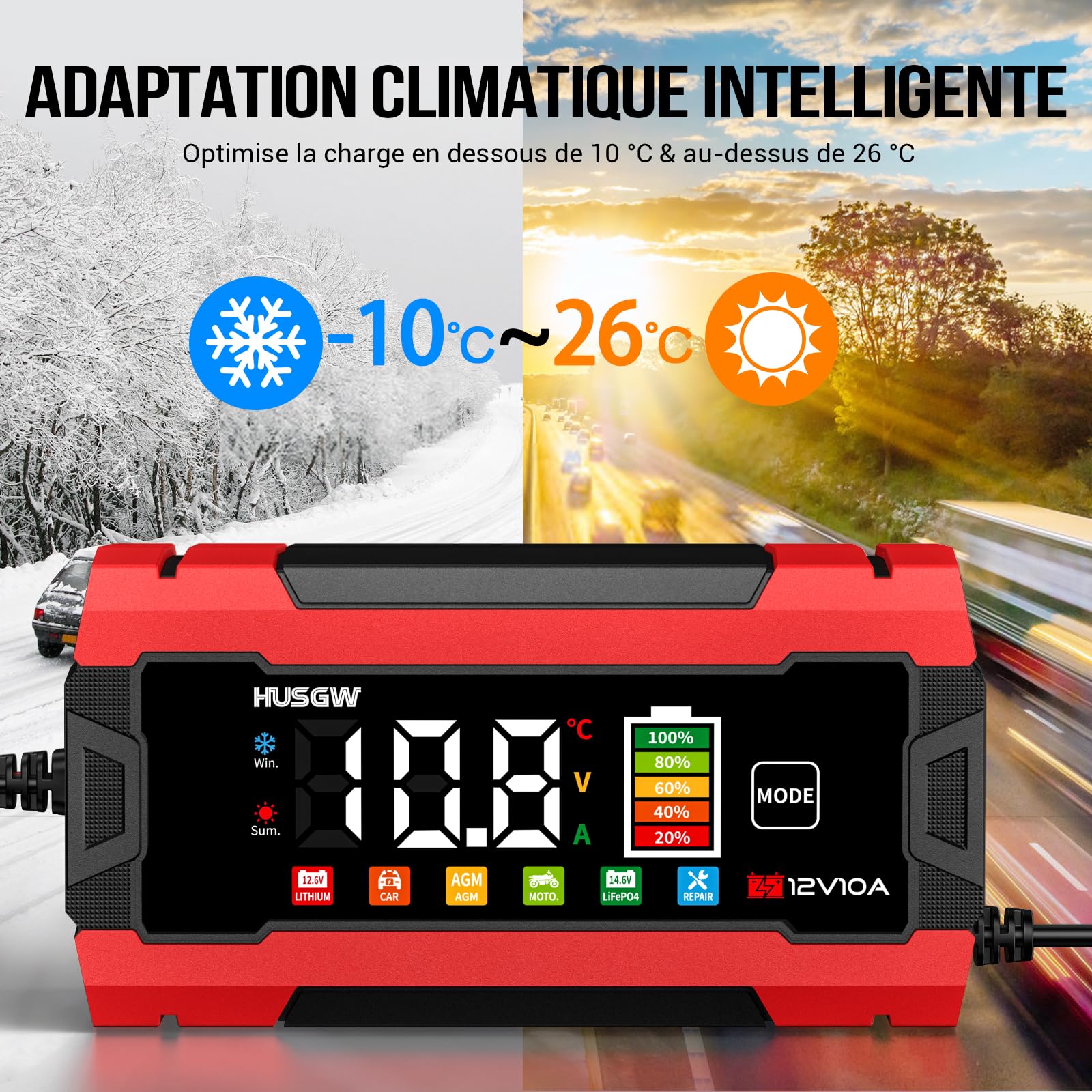 10A Chargeur de Batterie Voiture, 12V 10A LiFePO4 Chargeur Batterie pour Moto avec Réparation Automatisée, 6 Modes Maintien de Chargeur Batterie avec Écran LCD pour AGM/Gel/Wet/SLA