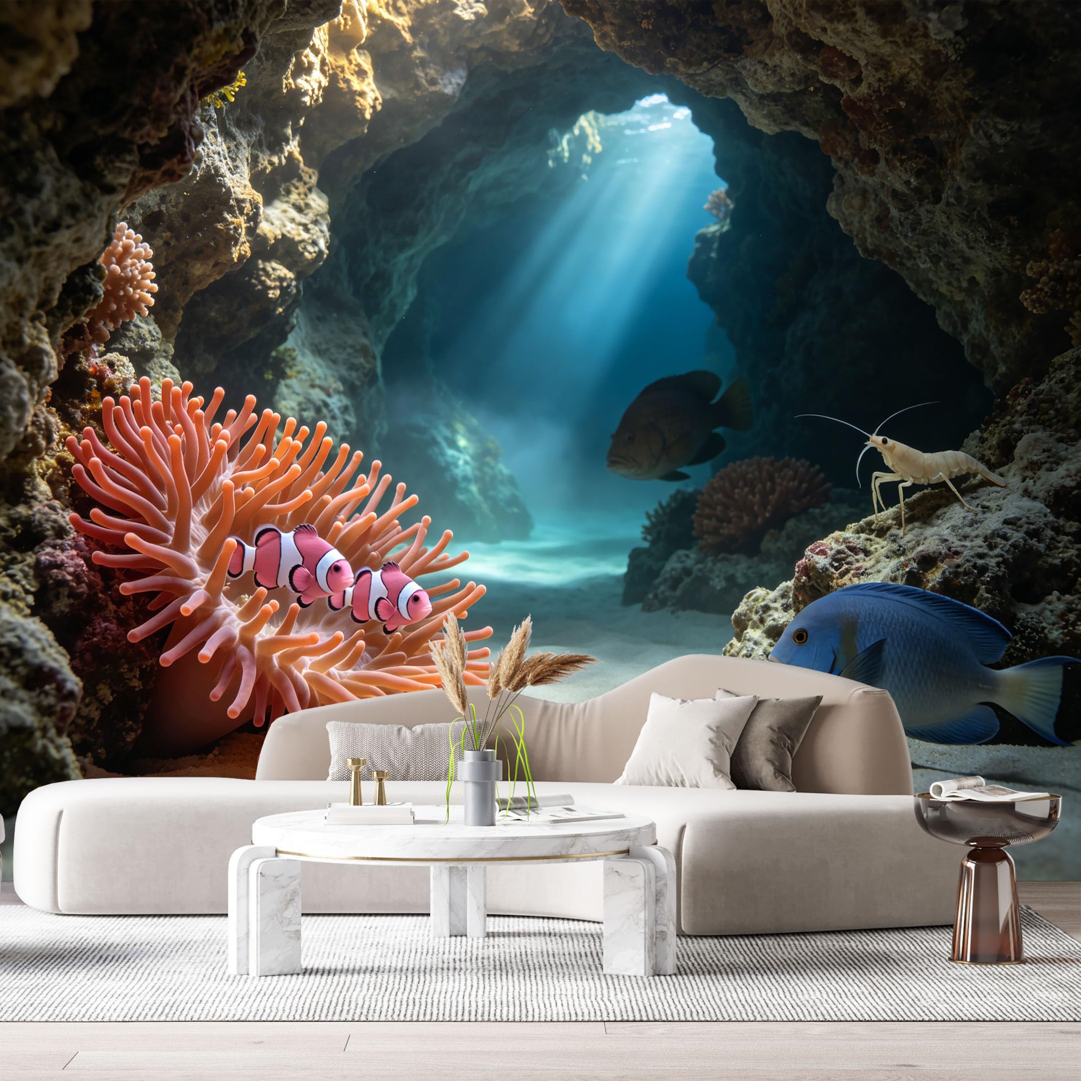 Custom Size Wall Murals Ocean Marine 3D Underwater Cave Clownfish Tropical Fish SelfAdhesiveWall Fabric Removable Wallpaper Wall Decor for Living Room Bedroom Bathroom