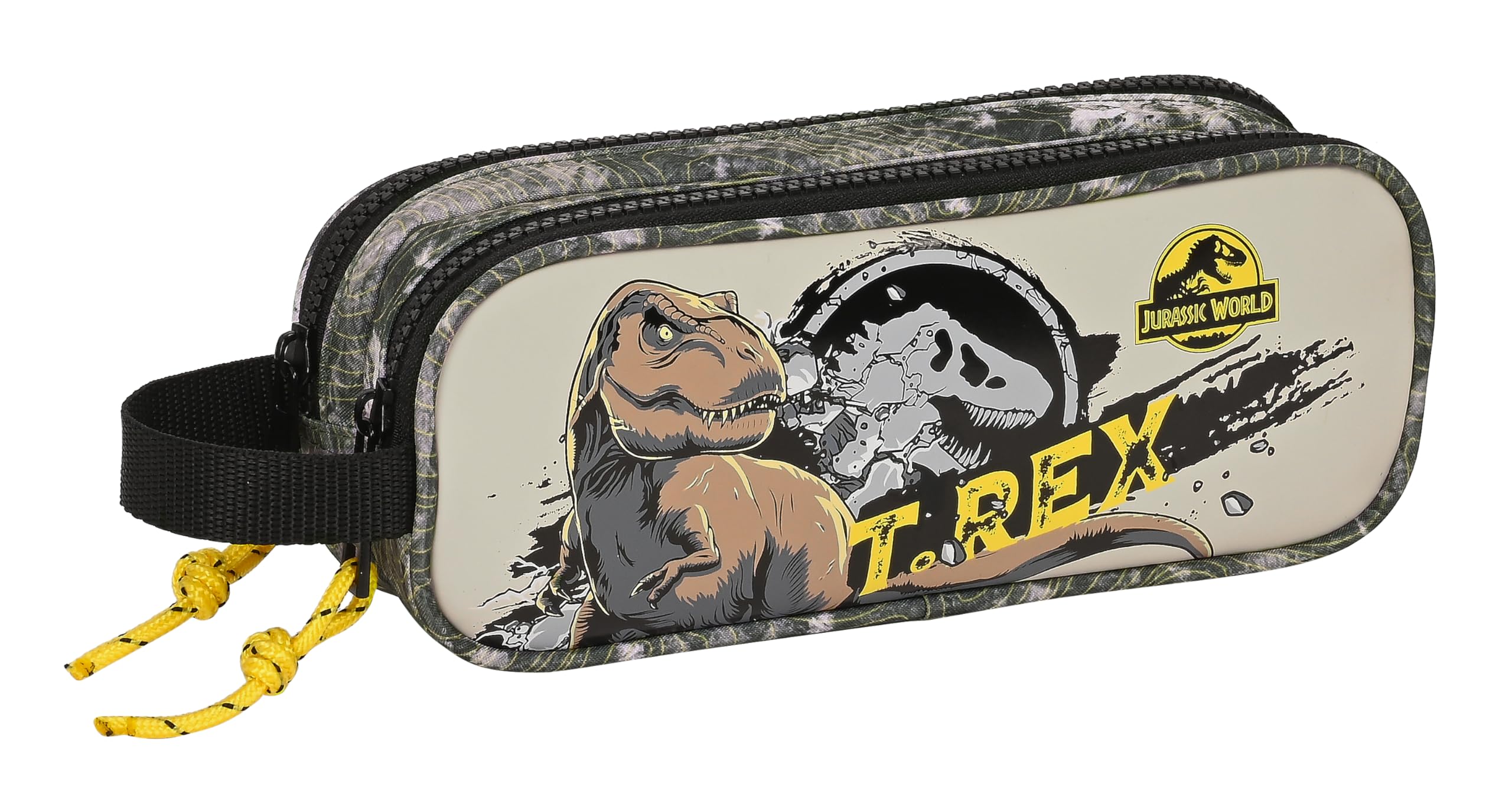 Safta Jurassic World Warning - Portatodo Doble Niño, Estuche Infantil, Estuche Niño, Ideal para Niños en Edad Escolar, Cómodo y Versátil, Calidad y Resistencia, 21x6x8 cm, Color Gris