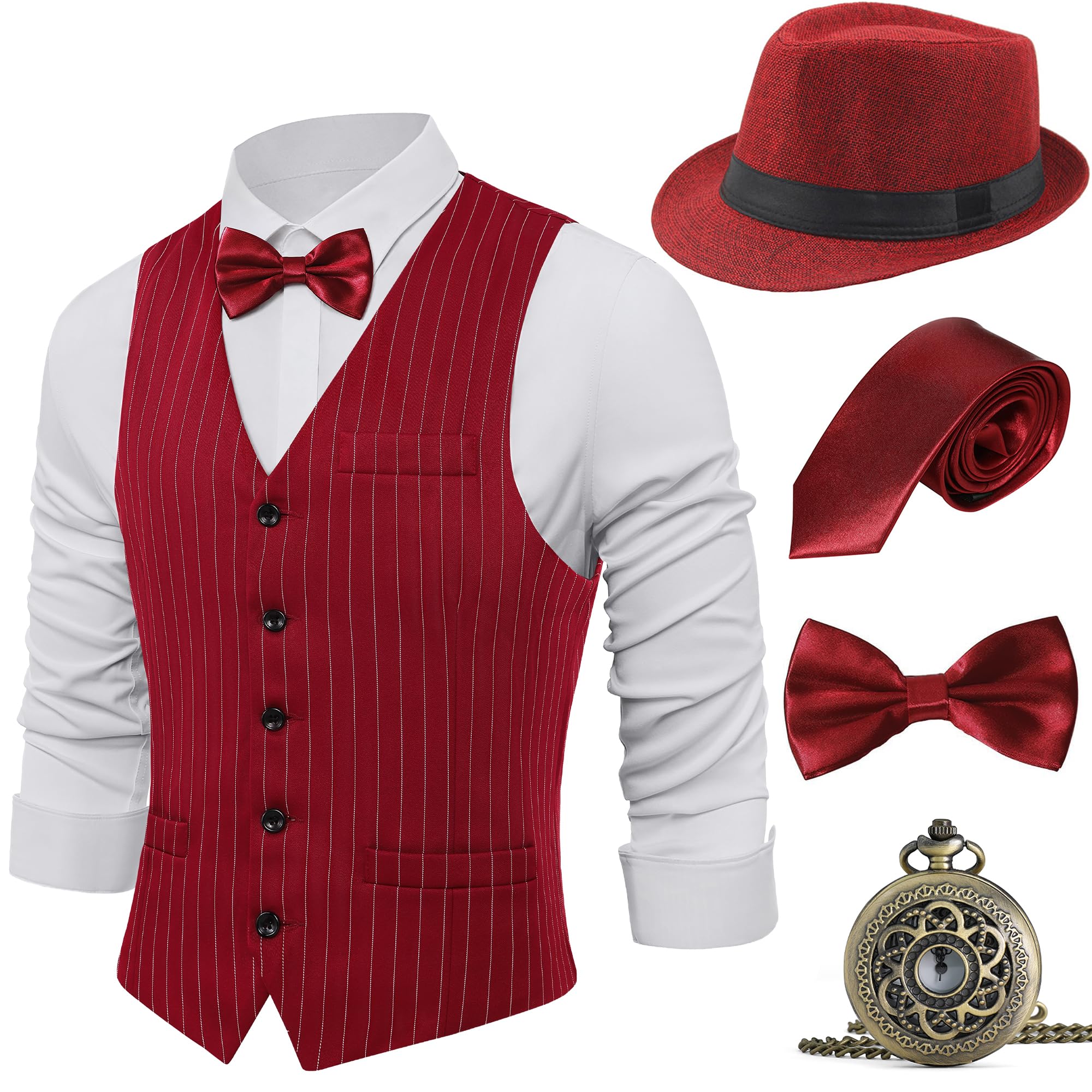 BABEYOND 1920s Mens Gangster Vest Costume Accessories Set Fedora Hat, Red Stripe, XXL
