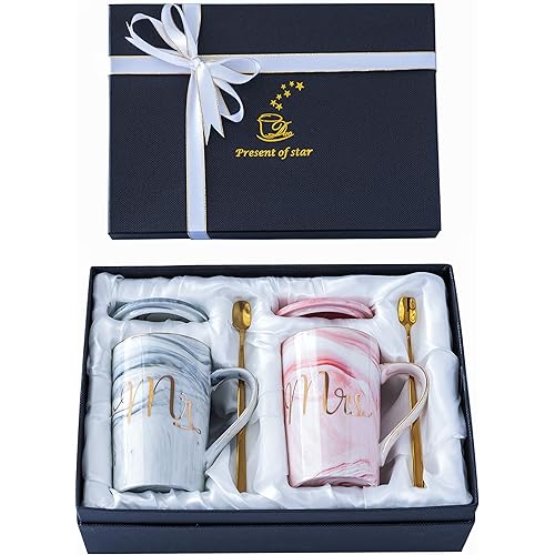 Jumway Mr and Mrs Coffee Mugs - Wedding Gifts for Bride and Groom - Gifts for Bridal Shower Engagement Wedding and Married Couples Anniversary - Ceramic Marble Cups 14 Oz Pink