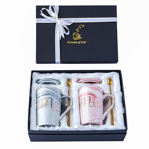 Jumway Mr and Mrs Coffee Mugs - Wedding Gifts for Bride and Groom - Gifts for Bridal Shower Engagement Wedding and Married Couples Anniversary - Ceramic Marble Cups 14 Oz Pink