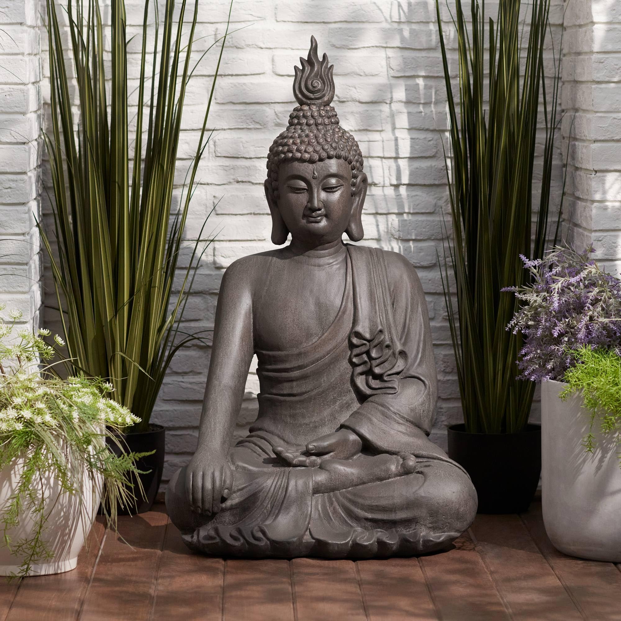 John Timberland Large Tall Sitting Buddha Statue Sculpture Zen Asian Japanese Garden Decor Indoor Outdoor Front Porch Patio Yard Outside Home Balcony House Lawn Stone Gray Finish Resin 42" High