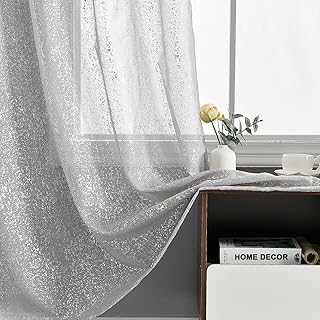 Silver Sparkle Sheer Curtains - Metallic Silver & Grey, 52