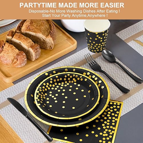 Miniatura 3 de Juego de platos de papel y servilletas, tazas, suministros de fiesta de papel blanco y dorado, sirve 25, platos de papel desechables para decoración