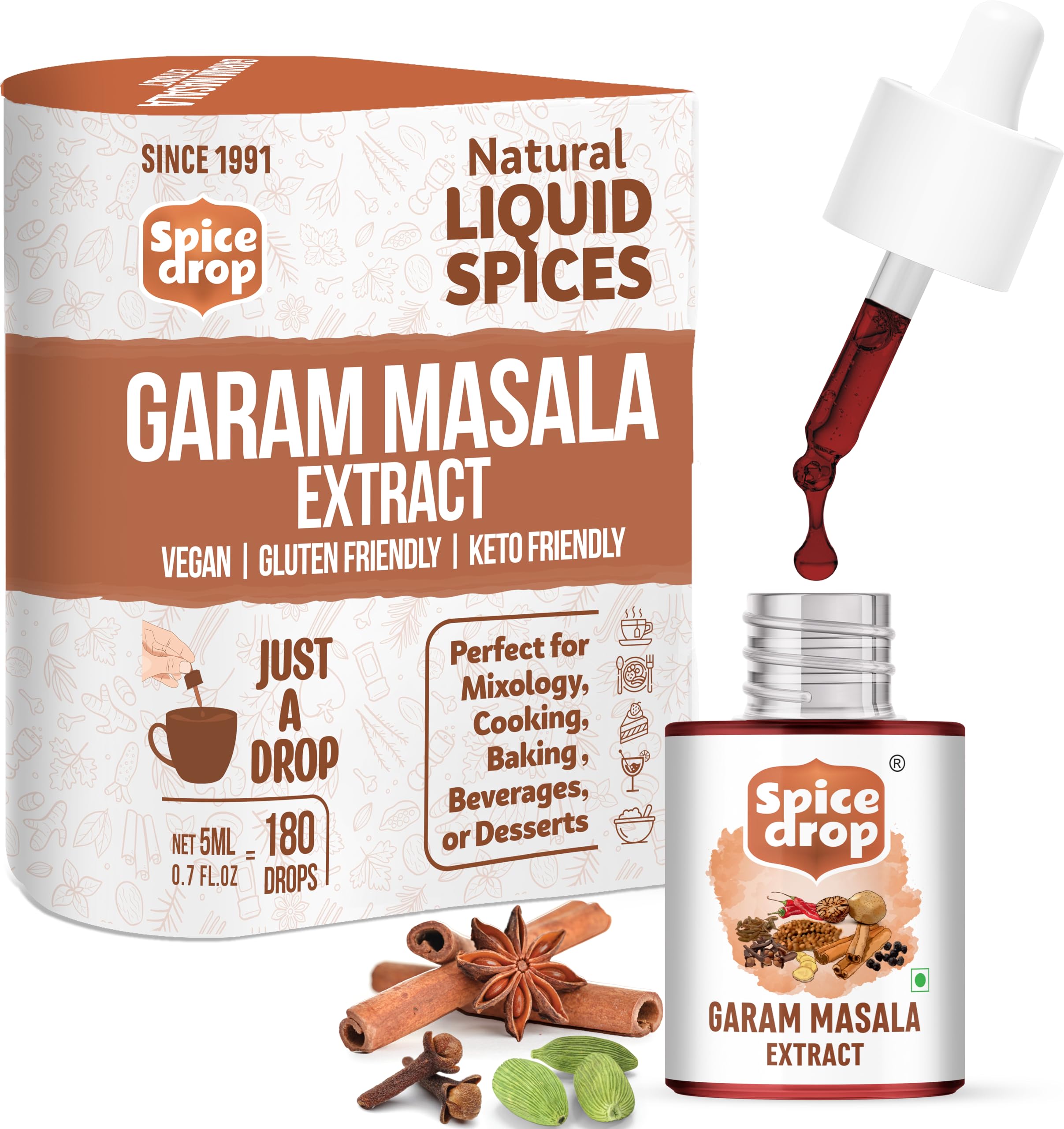 Spice Drop Garam Masala Extract | Indian Spice Blend For Cooking, Seasoning | Curry, Gravy, Biryani, Dal | Authentic Flavor, Ad Rich Aroma | No Added Color | Vegan Gluten-Free | 5 ML (180 Drops)
