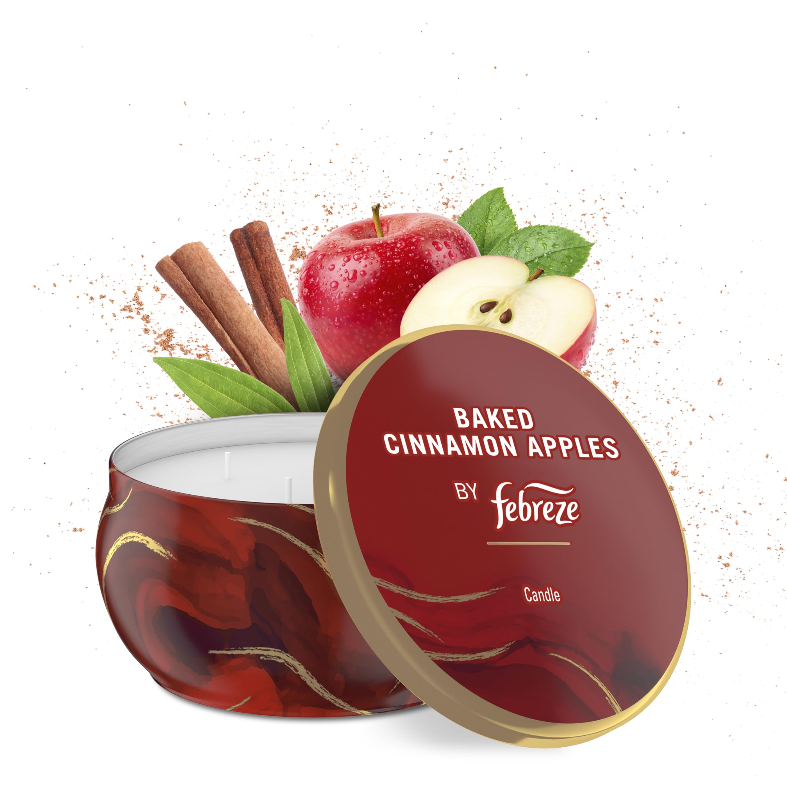 Febreze Scented Candle Baked Cinnamon Apples Scent 4 Wick Candle Reusable Tin Long Lasting Even Burn 11oz Single