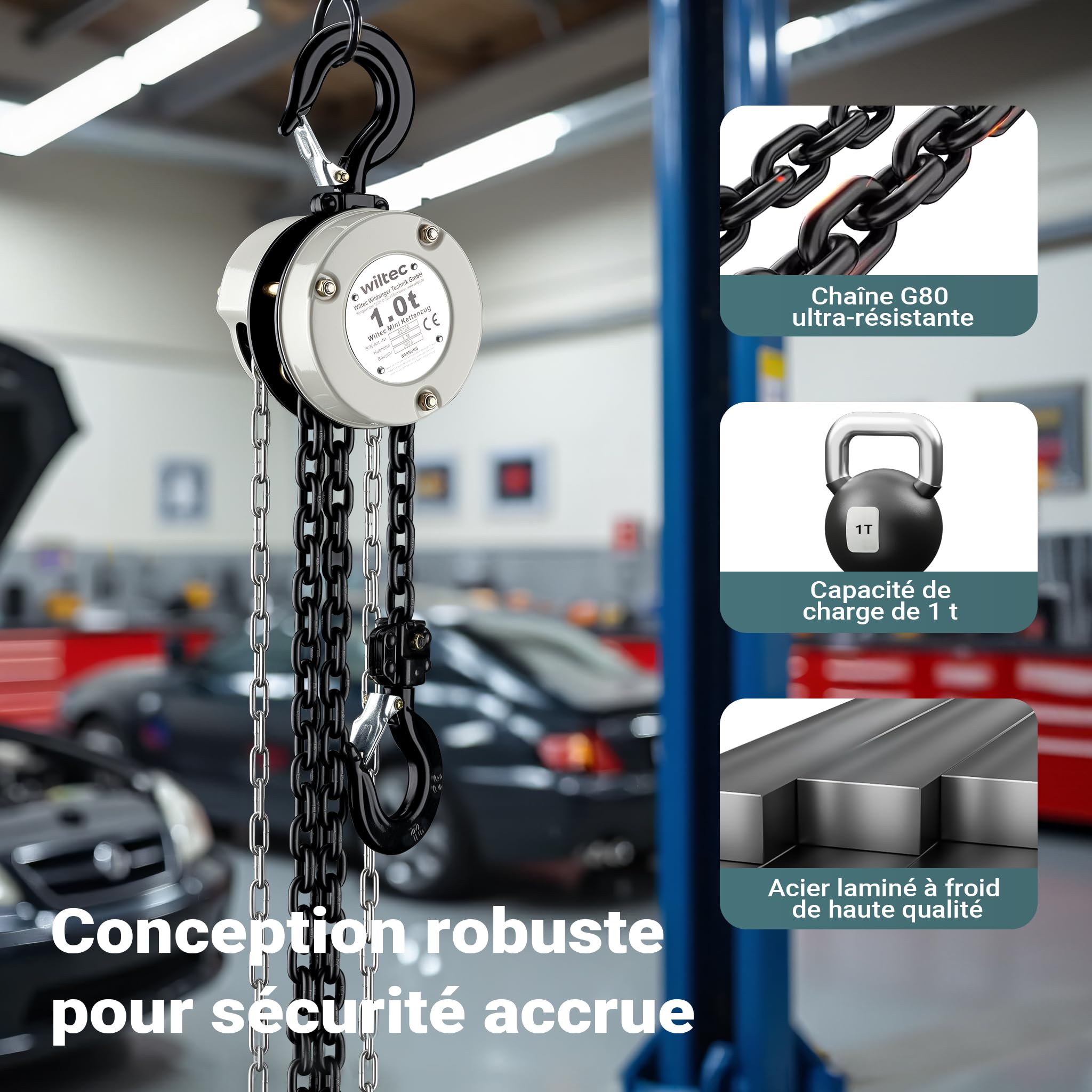 Wiltec Palan à chaîne manuel VSK-1 – Capacité de levage 1 t – Hauteur de levage 3 m – Chaîne de 3 m – Palan mécanique de levage pour atelier