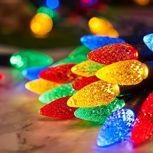 HXT - Luces de Navidad para exteriores, funciona con pilas, multicolor, lindas luces decorativas, 16.5 pies, 50 bombillas LED con temporizador y 8