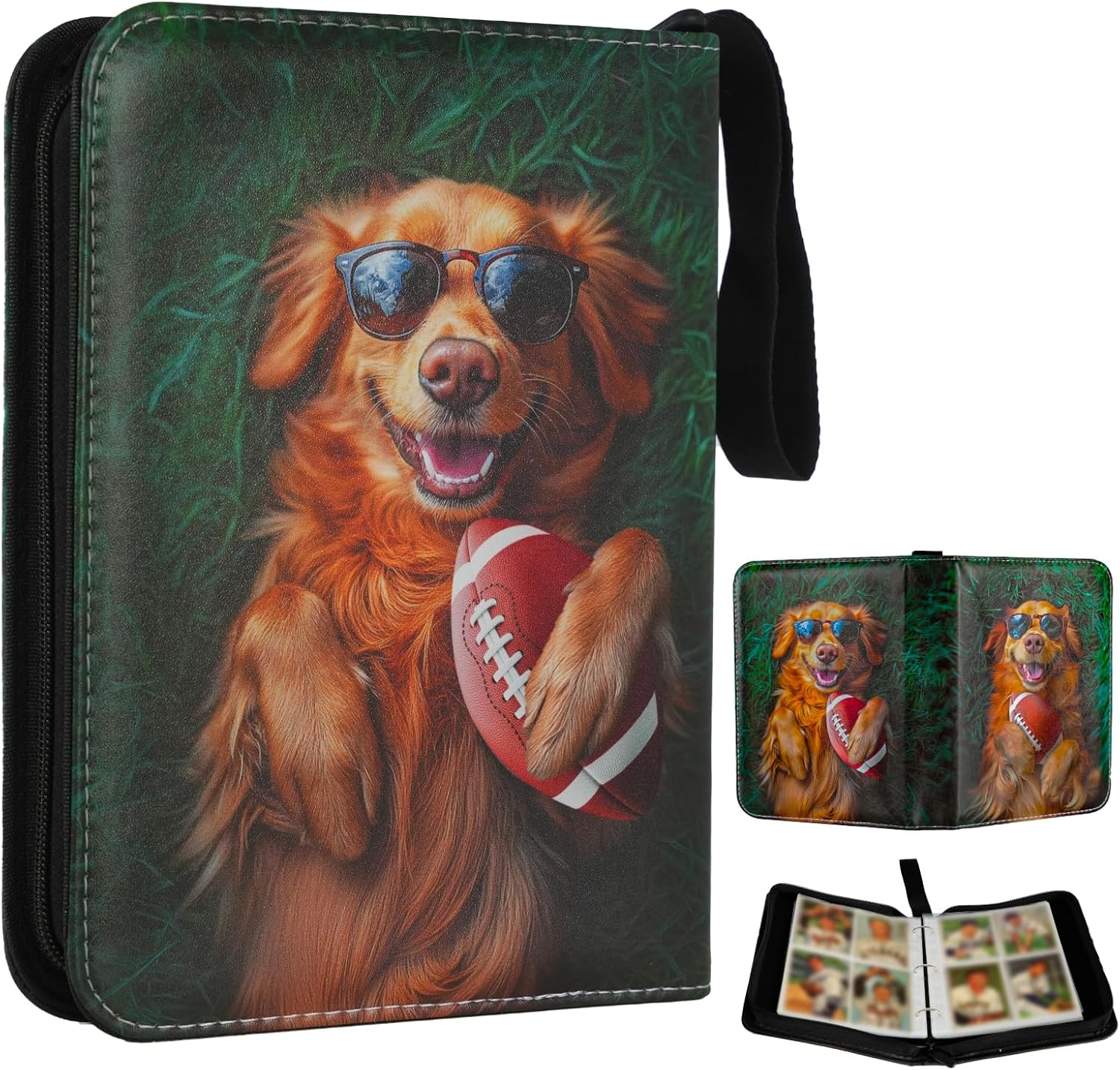 440 Pockets Football Card Binder - Cute Dog Trading Card Binder for 440 NFL Football Cards Storage, Golden Retriever Card Holder - Sports Card Binder Albums with Wristband for Trading Cards, MTG, TCG