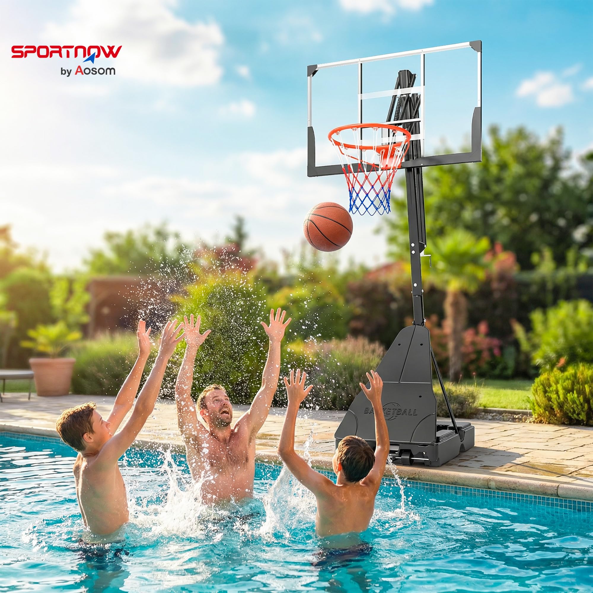 SPORTNOW Canestro Basket Regolabile per Adulti Altezza 2.45-3.05 m, Supporto da Basket Portatile con Ruote, Base Riempibile, Sistema Ritorno, Tabellone Antishock, Uso Interno ed Esterno, Nero