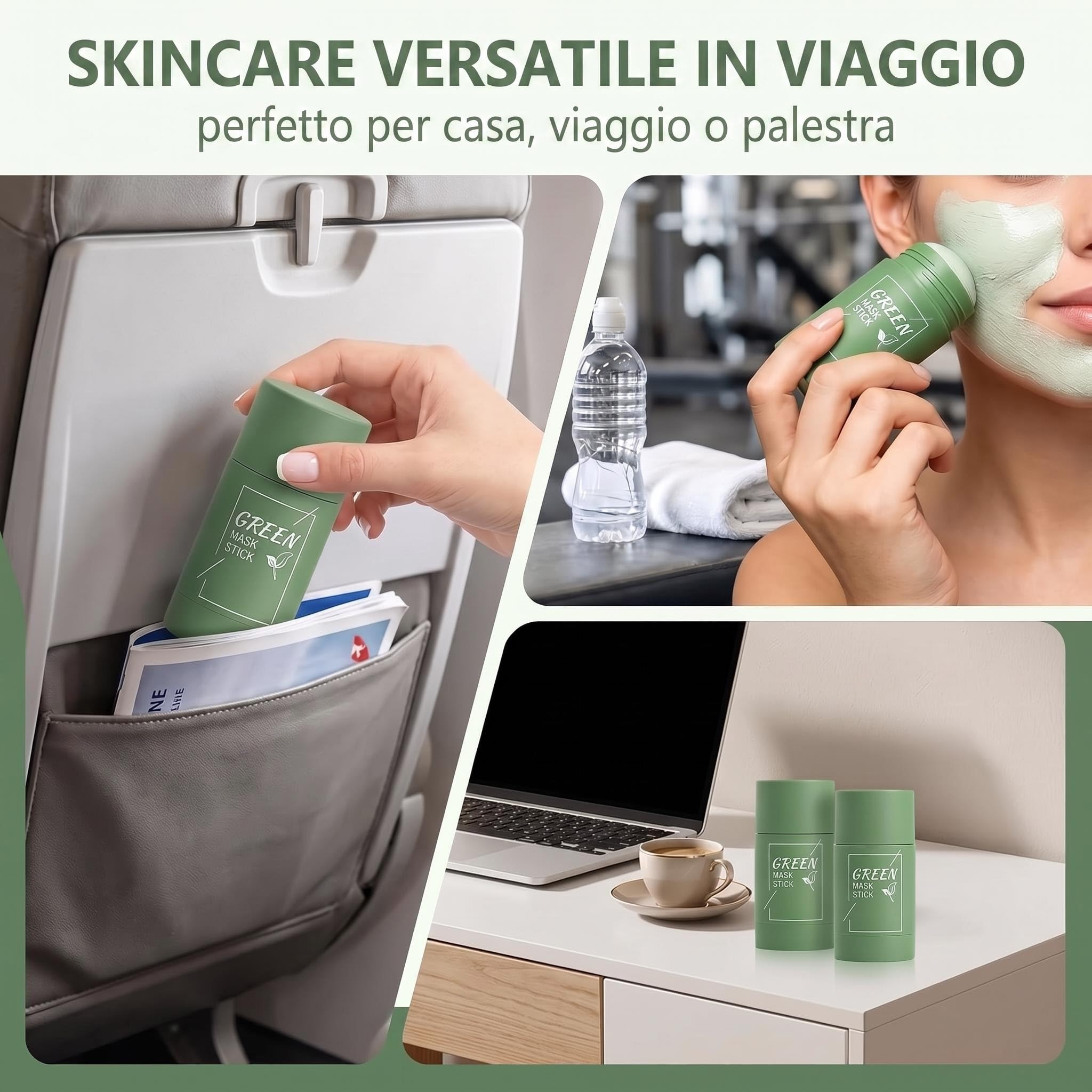 Maschera Viso Stick Tè Verde 2 Pezzi Punti Neri e Argilla Verde | Set 2 Stick: detersione profonda e rimozione punti neri. Argilla purificante per pelle mista e grassa, effetto mat.
