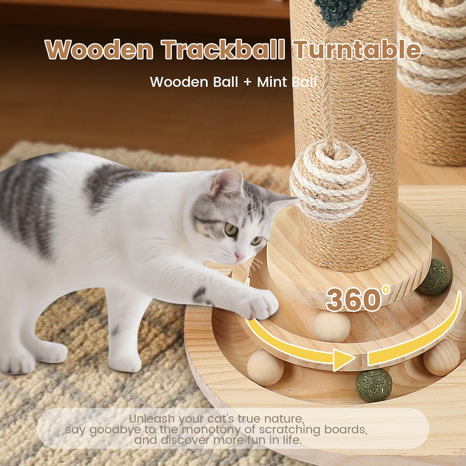 Jouet Interactif Pour Chat 6-en-1 Avec Boule Rotative, Plumes, Sisal Et Jute Arbre à Chat, Griffoir Et Jouets Pour Petits Et Moyens Chats, Meuble à Griffer, Jouet En Bois Griffoir Cylindre Avec Plumes
