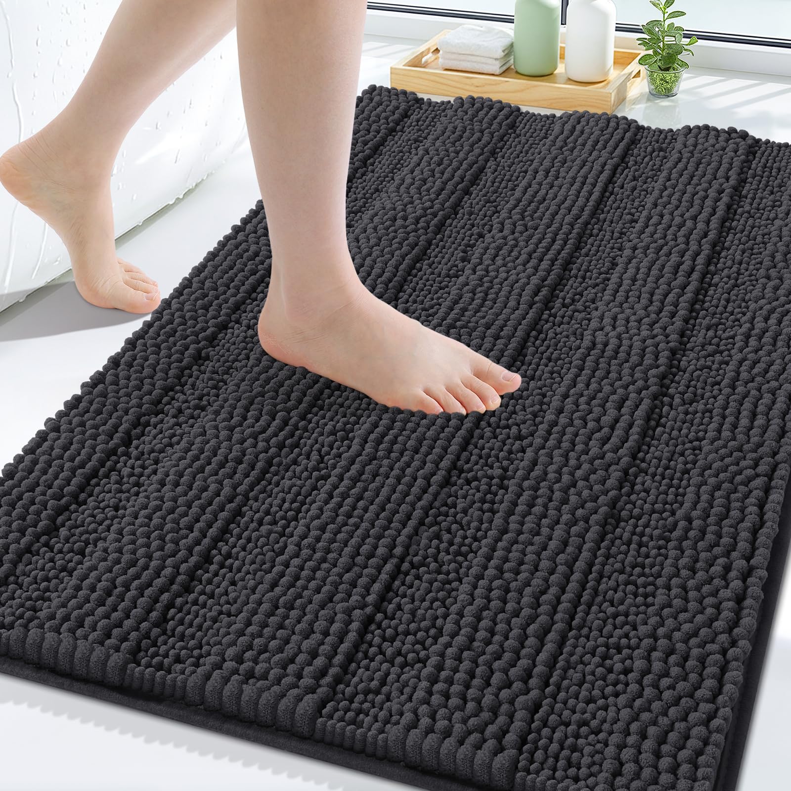 Grandaily Chenille Bathroom Rugs 40x32, Soft Absorbent Bath Mats, Charcoal