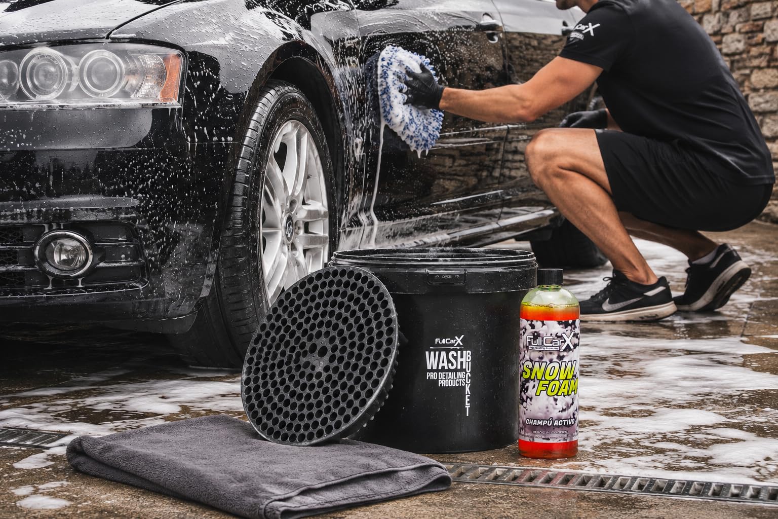 AutoFullCar Kit completo per lavaggio auto, shampoo a pH neutro, secchio con griglia, guanto in microfibra, asciugamano per asciugatura XXL, accessori per pulizia esterna
