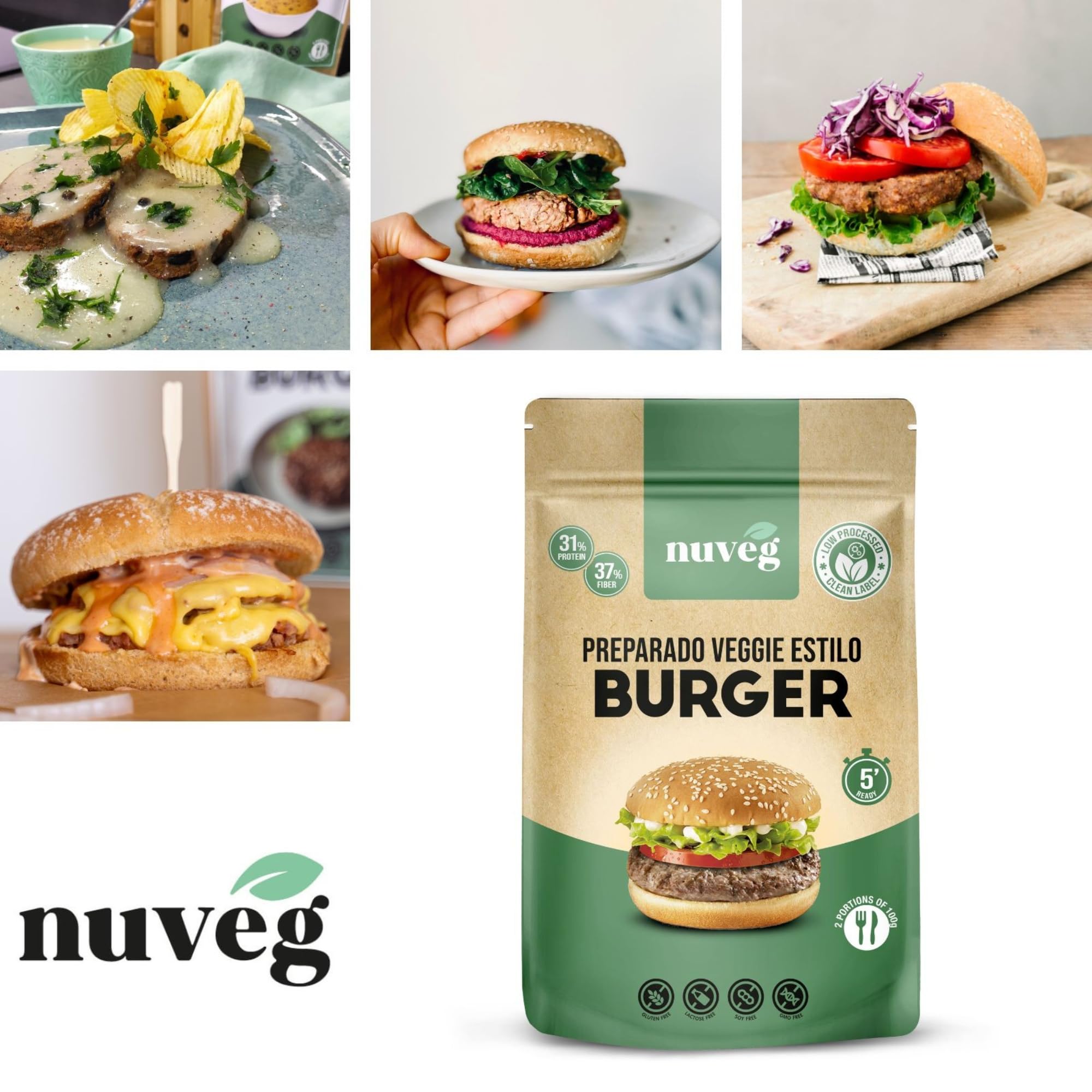 NUVEG Preparado Veggie para Hamburguesa Vegetal, Dieta Vegana y Vegetariana, Alto en Proteínas y Fibra, Sin Gluten y Sin Lactosa, Comida Preparada en Conserva, Fácil y Rápida, Pack 2, 270g
