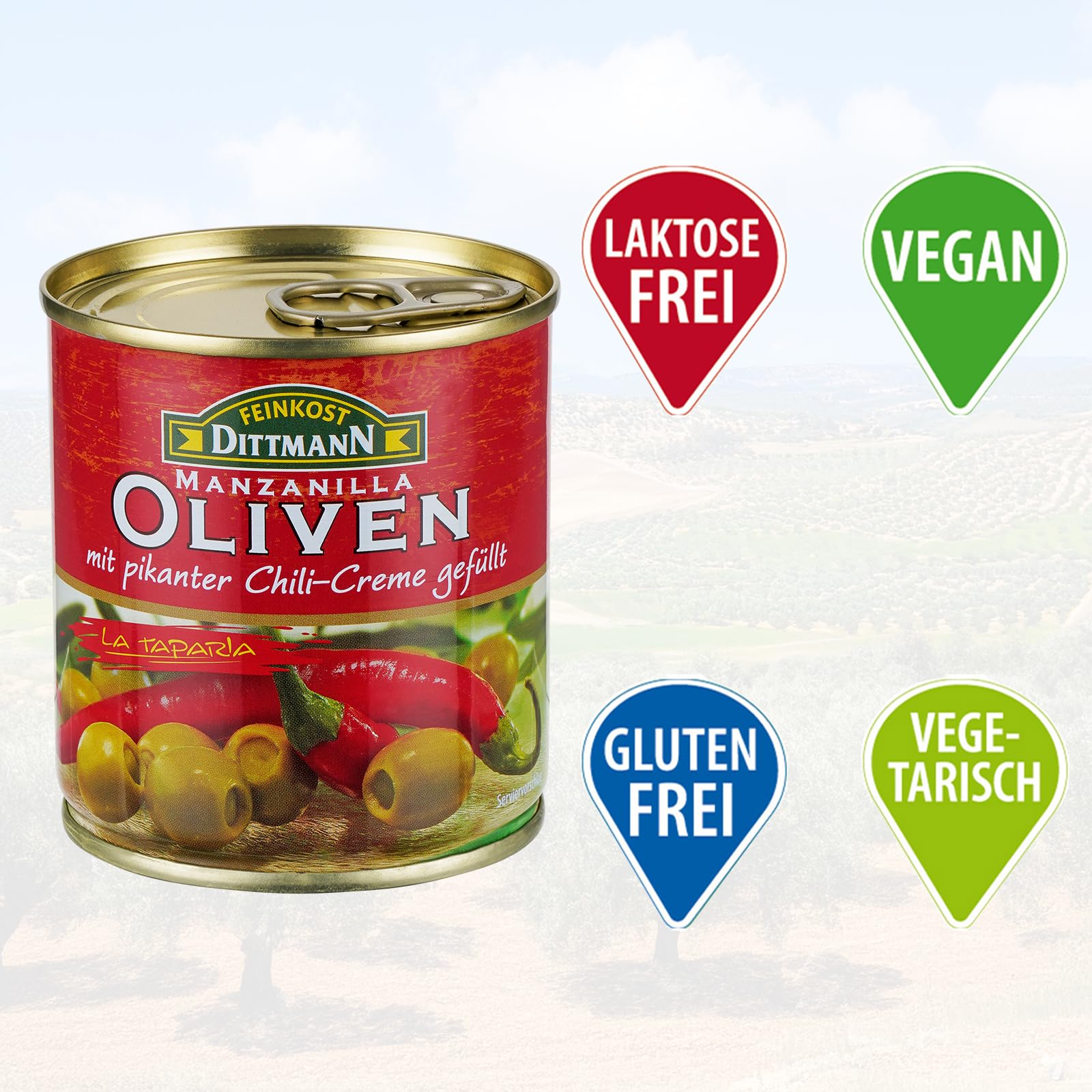 Feinkost Dittmann Manzanilla-Oliven gefüllt mit Chilicreme 85g – 10er Pack | Würzige Oliven für Antipasti, Salate, Tapas & kalte Platten – Premium Qualität, verzehrfertig & aromatisch