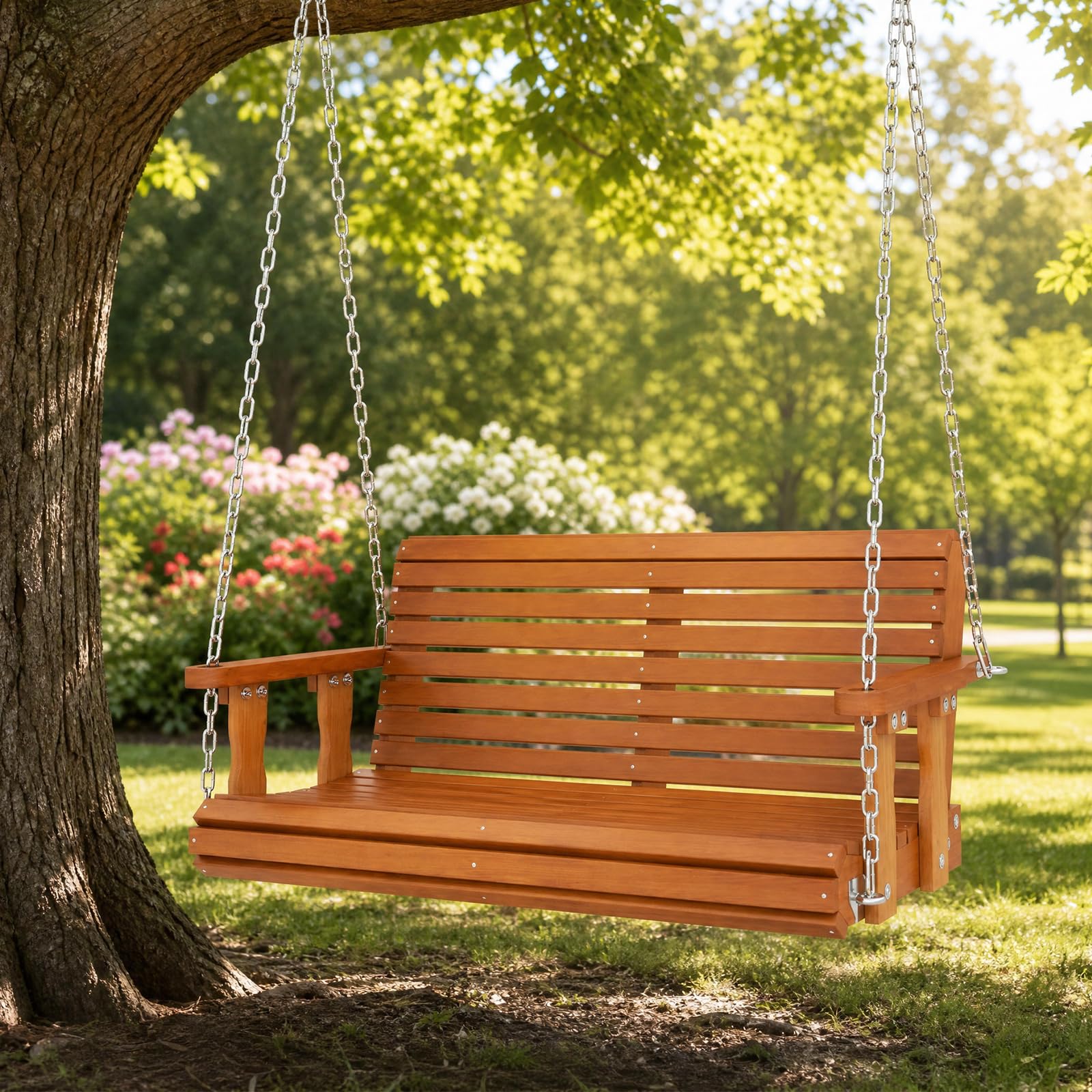 COSTWAY Altalena da Giardino a 2 Posti, Panca Sospesa in Legno | con Altezza Regolabile, Schienale Ergonomico e Sedile a Doghe, Panchina da Appendere per Giardino e Cortile, Portata 300 kg