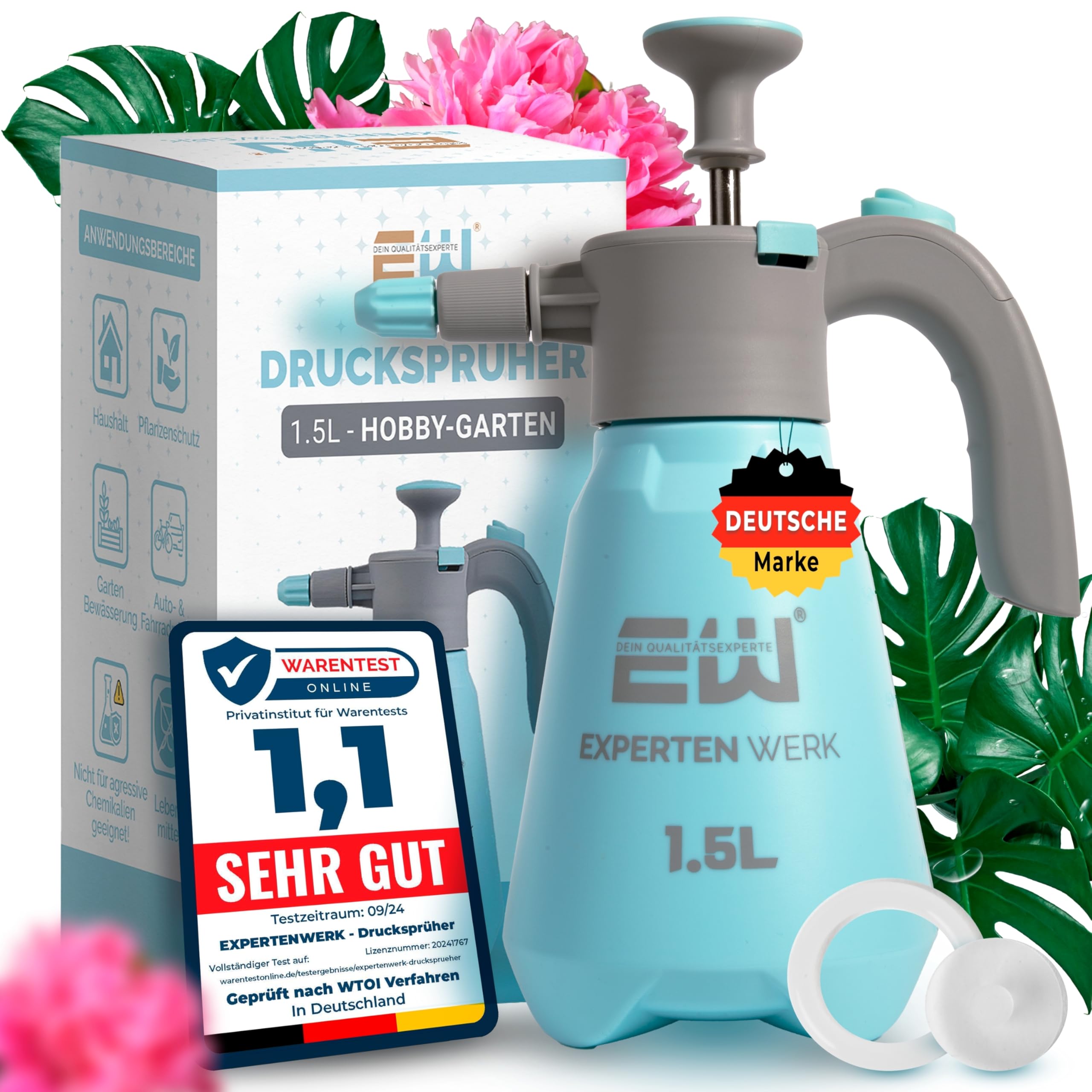 ExpertenWerk Drucksprüher 1,5L für Blumen Pflanzen Balkon & Zimmerpflanzen – Auslaufsichere Pumpsprühflasche Gartenspritze Pflanzensprüher mit Verstellbarer Düse, feinem Sprühnebel & Überdruckventil