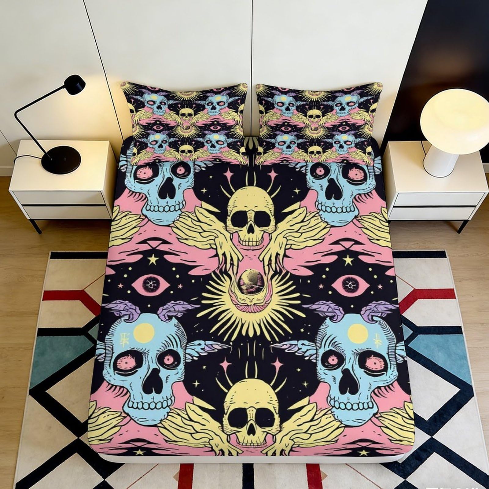 3D Printed Gothic Skull Fitted Sheet Microfiber Soft Breathable Tattoo Art Mattress Cover for Bedroom Dorm Home Decor 90x200x25cm