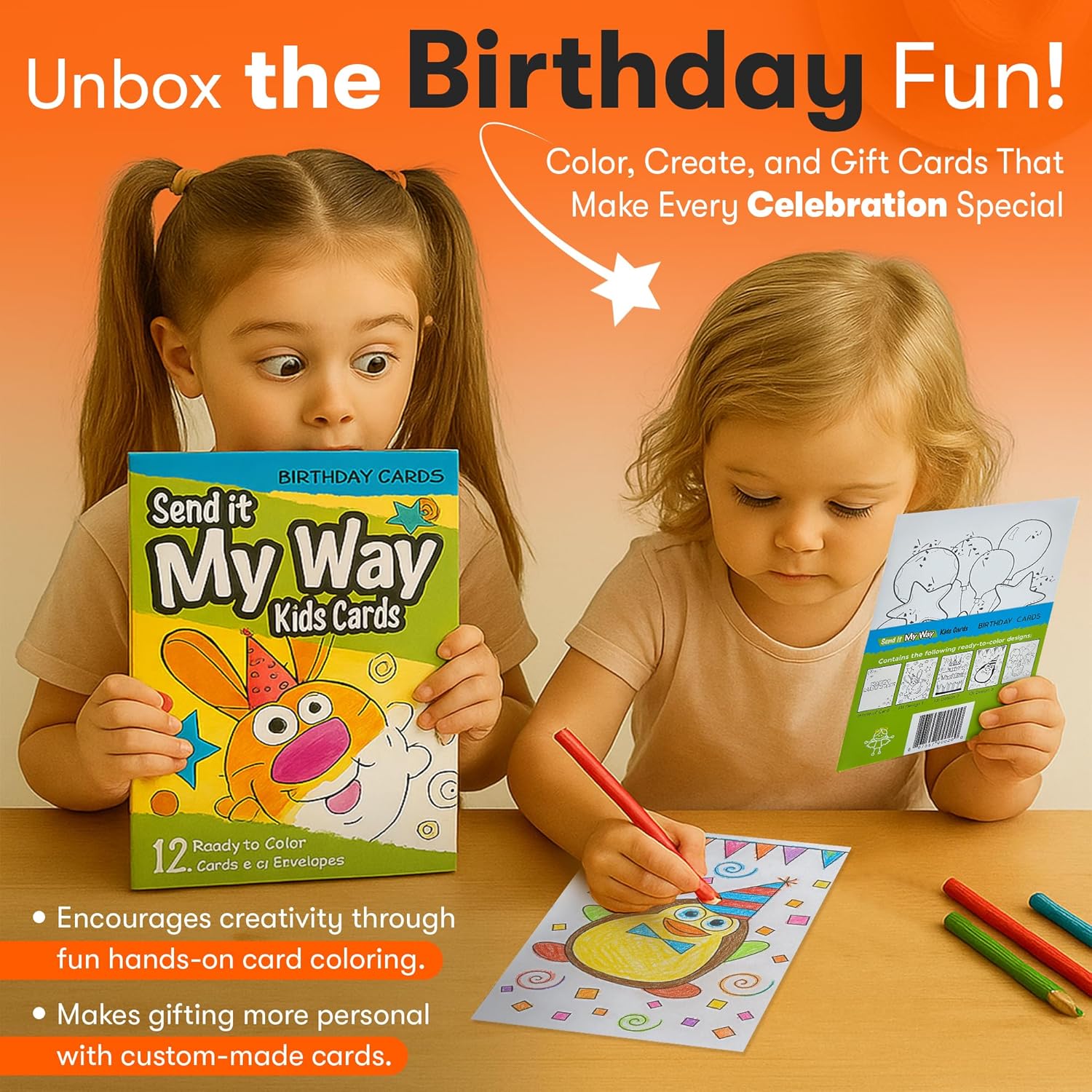 12-Pack Happy Birthday Cards with 13 Envelopes – Unique & Blank Birthday Design – Color-In kids, 5x7 – Great Stocking Stuffer For Kids Custom Colouring Cards – Made in USA – Celebrate Creativity & Joy - Image 9