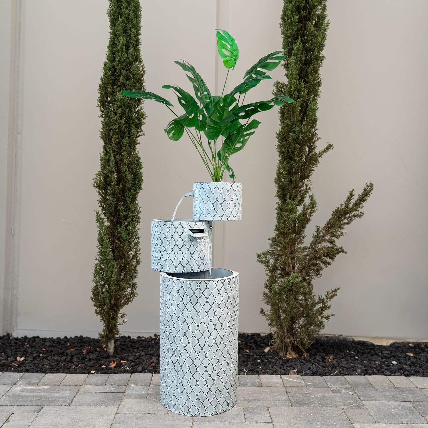 XBrand 33.5" Zinc Metal Tiered Water Fountain with Planter, Modern Indoor/Outdoor Decorative Fountain for Home, Garden, Patio