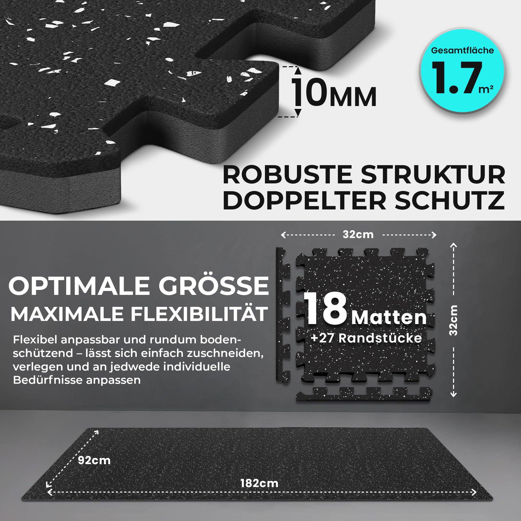 bemaxx Bodenschutzmatte Fitness – 18 Eva/Gummi-Matten im Set: Gym Fitnessgeräte Sportmatte Puzzlematte Laufbandmatte Fitnessmatte Unterlegmatte Sportgeräte Trainingsmatte Bodenmatte Gymnastikmatte