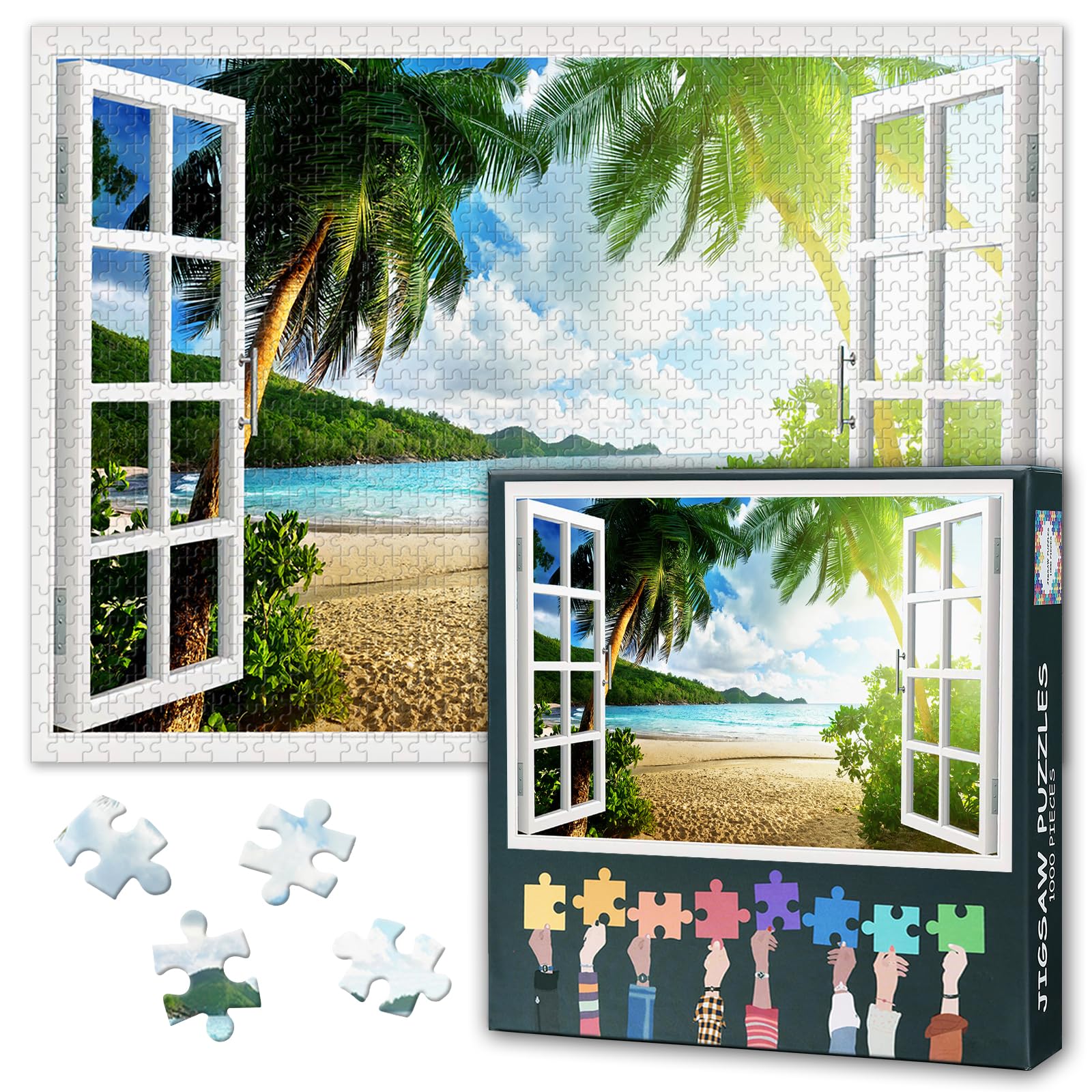 1000 Pieces Puzzles for Adults Jigsaw Puzzle Educational Games - 50x70 cm Beach Sunset 3D Window View Effect Themed Colorful Artwork Hard Difficult Challenging Puzzles