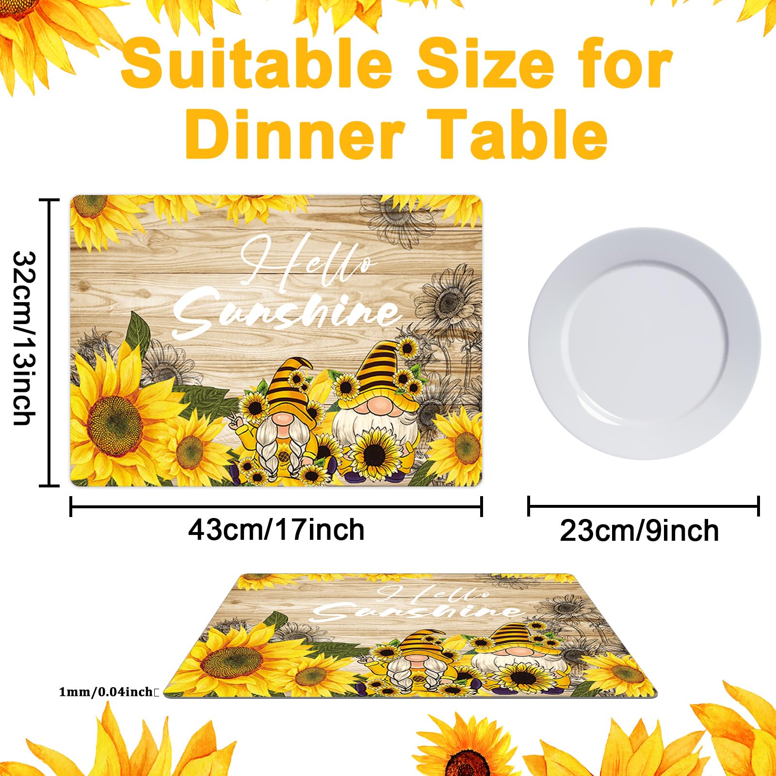 Set of 6 Plastic Placemats Sunflower Pattern Vintage Summer Holiday Washable Placemats for Indoor Outdoor Party Kitchen Dining Room - Image 2