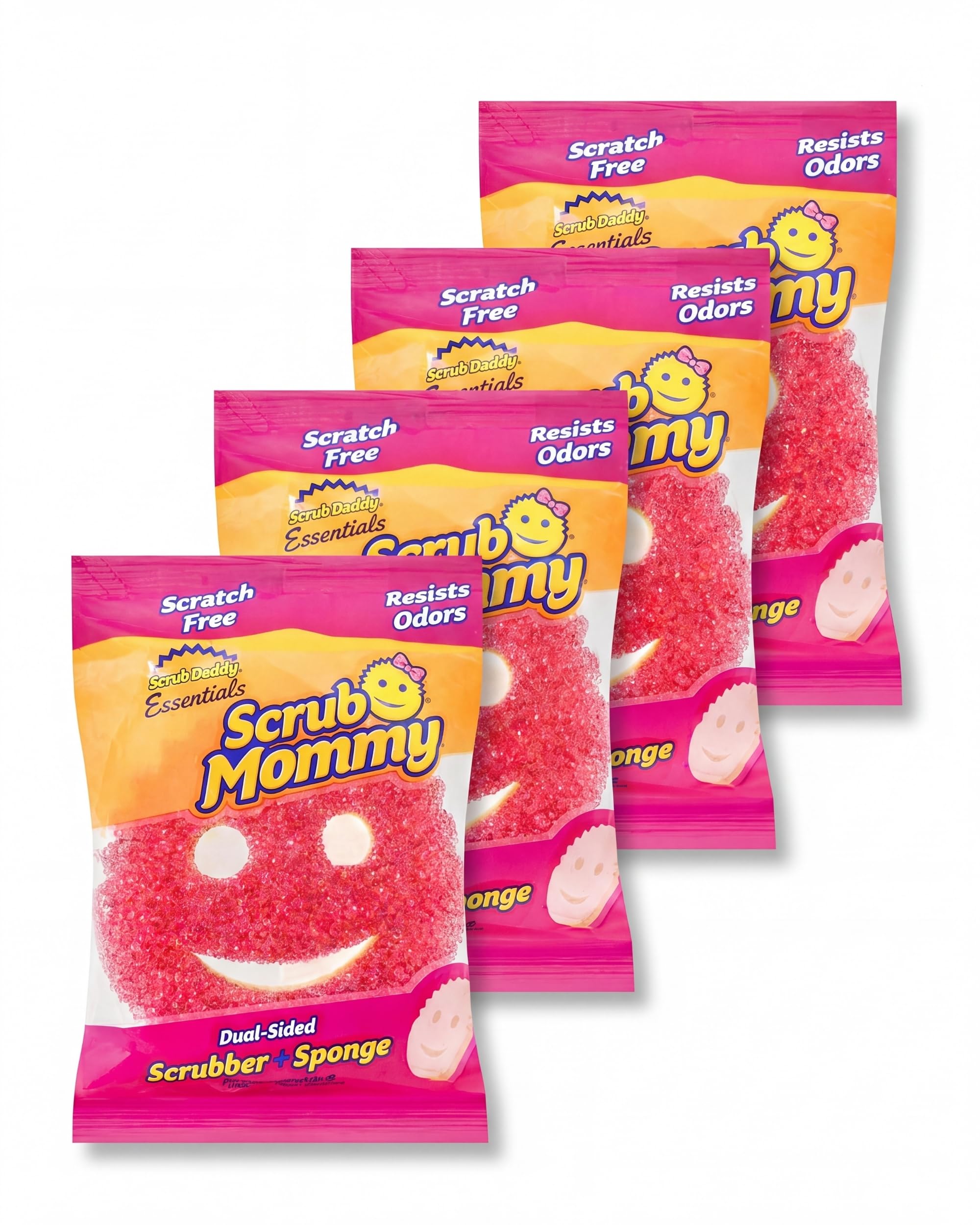 Scrub Daddy Scrub Mommy Essentials Cleaning Sponges - Dual Sided Non Scratch Sponge Scourers, Smiley Kitchen Sponges for Dishwashing & Bathroom, Slim FlexTexture Dish Scrubber Sponge, Pack of 4