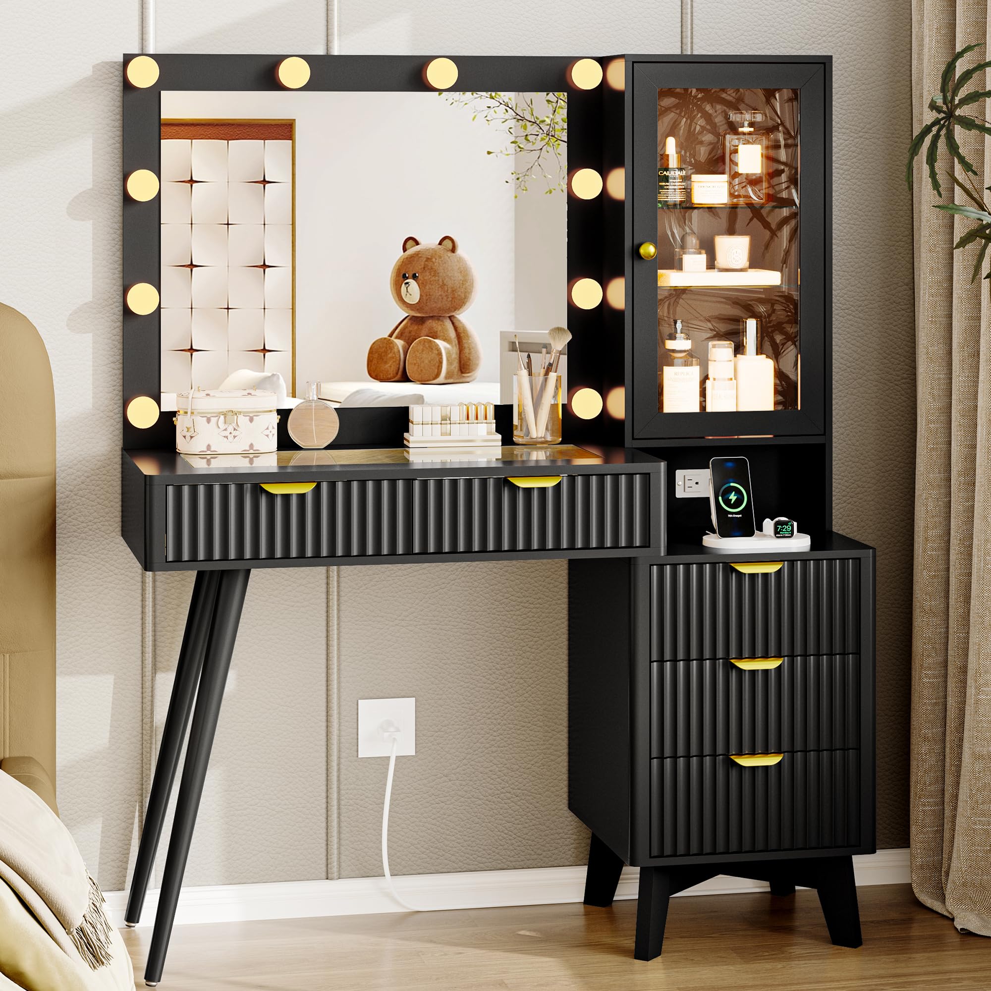 Vanity Desk with Mirror and Lights, 45" Fluted Makeup Vanity Desk with Lights &5 Drawers, Glass Top Vanitys with Lighted Mirror and RGB Cabinet, Dressing Table with Power Outlet for Bedroom, Black