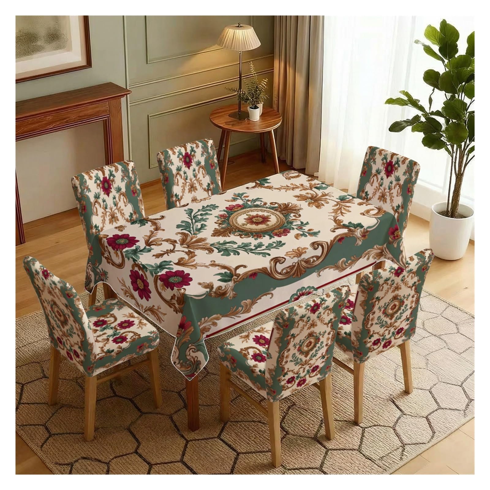 KXUAUV Cream Green Baroque Floral Print Stretch Dining Chair Covers Tablecloth Set, For Kitchen Dining Living Room Farmhouse Decor, 5/7 Pack Party Decor(7pcs Set: Tablecloth+Chair Covers)