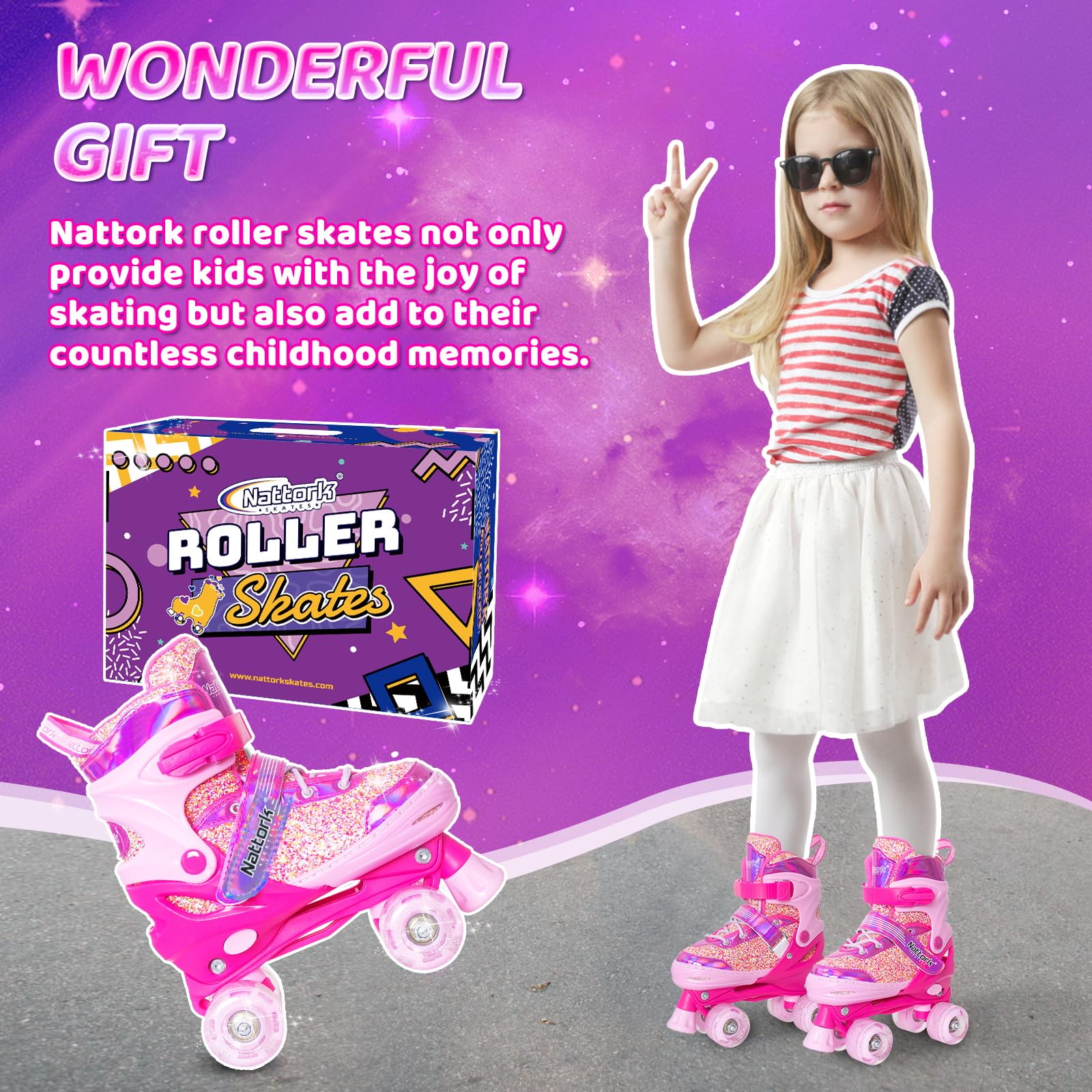 Nattork Patins à roulettes réglables avec 4 tailles pour filles, garçons débutants, à l'intérieur et à l'extérieur