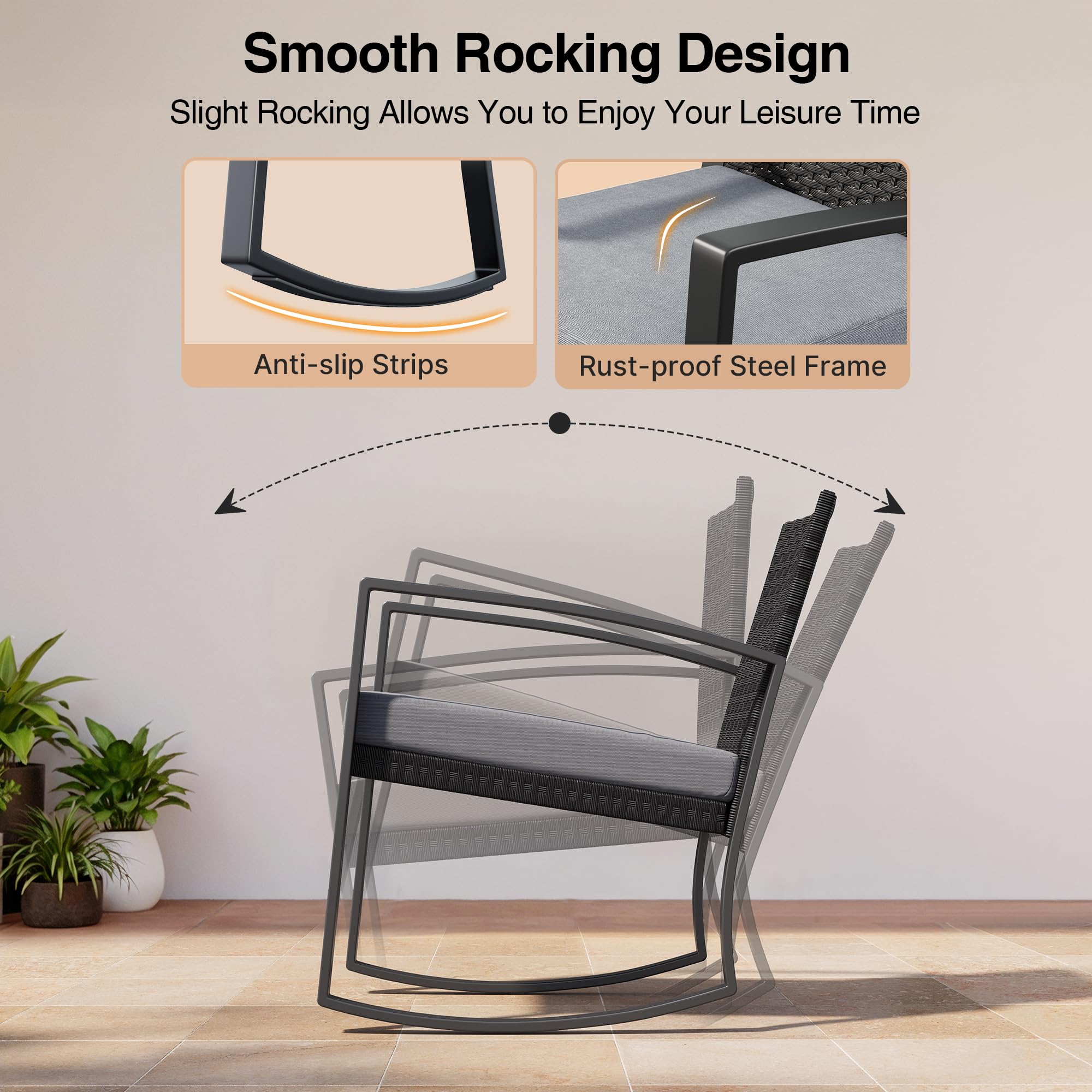 Qsun Juego de muebles de patio de 3 piezas para exteriores, juego de bistró mecedor, conversación de ratán al aire libre con mesa auxiliar para jardín, balcón, patio trasero, junto a la piscina (cojín