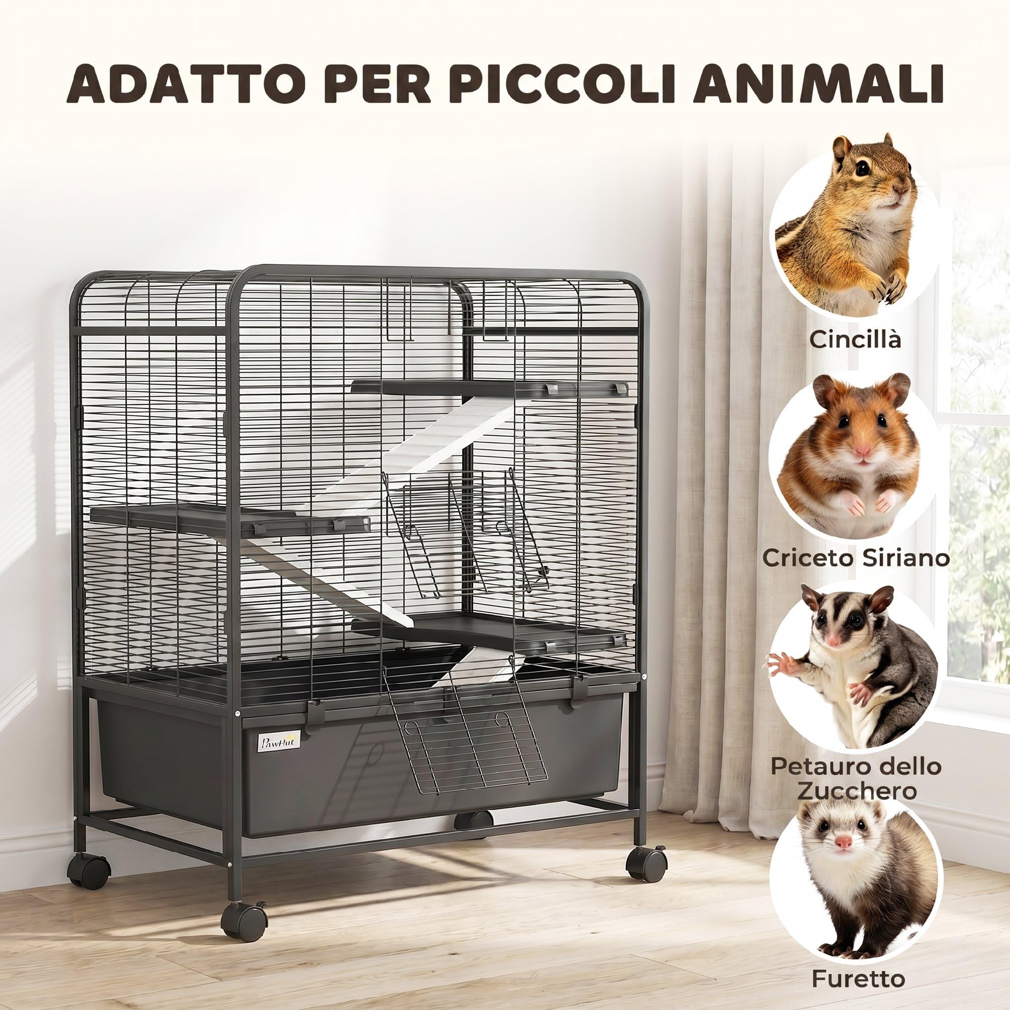 PawHut Gabbia per Conigli in Acciaio a 4 Livelli con Piattaforme, Rampe, Ruote, Serbatoio Acqua, Ciotola e Vassoio Rimovibile, Gabbietta per Criceti, Porcellini d'India, Furetti, 75x46x94.5 cm, Nero