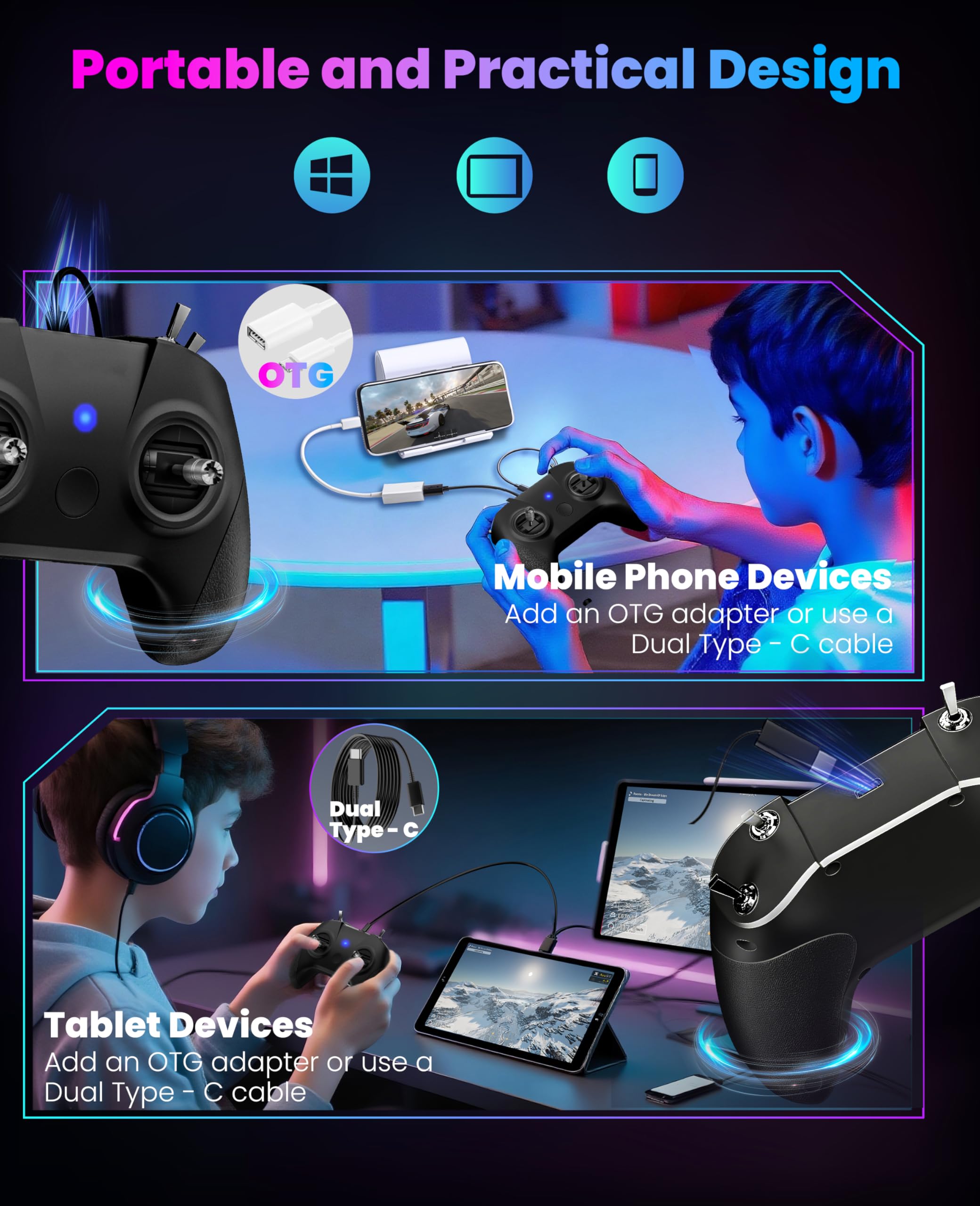STARDRONE Telecomando Simulatore Volo Drone S8 8 Canali per Giochi FPV Drone, Supporto Sistemi & Piattaforme Popolari Piloti Principianti e Professionisti (Moda (Nero)