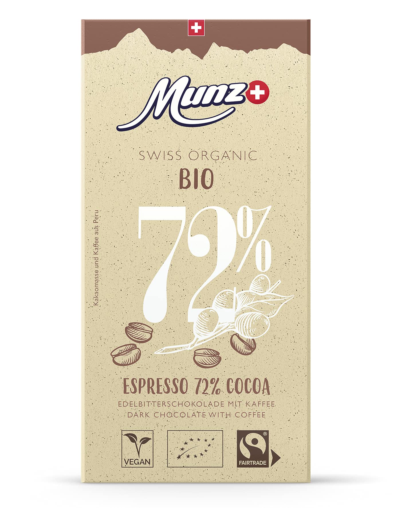 MUNZ Bio Schokolade Espresso 72% Cocoa | 100% Schweizer Fairtrade Schokolade | 12 Tafeln á 100g Zartbitterschokolade | Swiss Premium Organic Dark Chocolate | Edelbitterschokolade