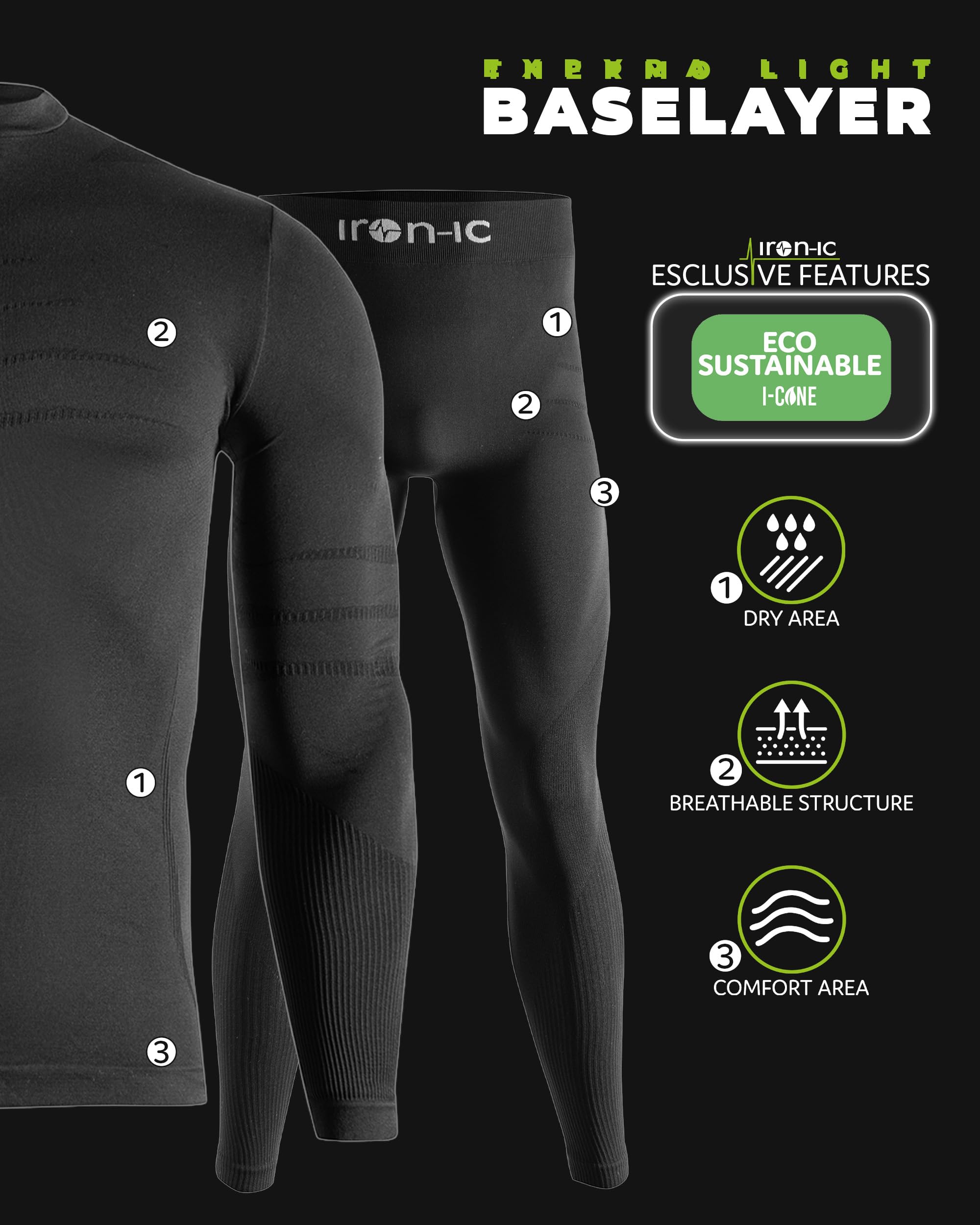 Iron-ic, Conjunto de camiseta de manga larga y mallas térmicas para hombre para deportes de invierno y exteriores