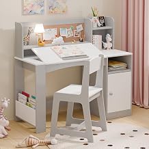 Xilingol Kids Desk and Chair Set, Wooden Desk for Kids with Tiltable Desktop & Hutch, Kid Desk with Storage Cabinet, Study Desk and Chair, Kids Art Table for Girls & Boys