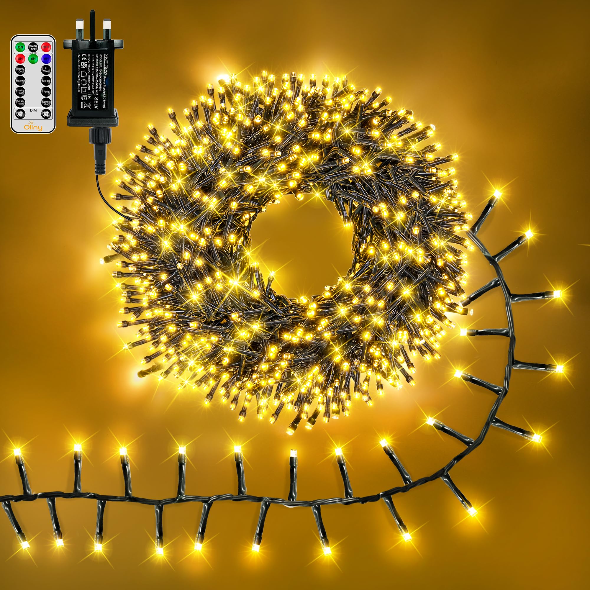 Ollny Outdoor Cluster Christmas Lights - 15m 1000LEDs Xmas Tree Fairy Lights Mains Powered Plug in with 8 Modes/Timer/Remote, Bright Waterproof String Lights for Garland Outside Indoor Decoration