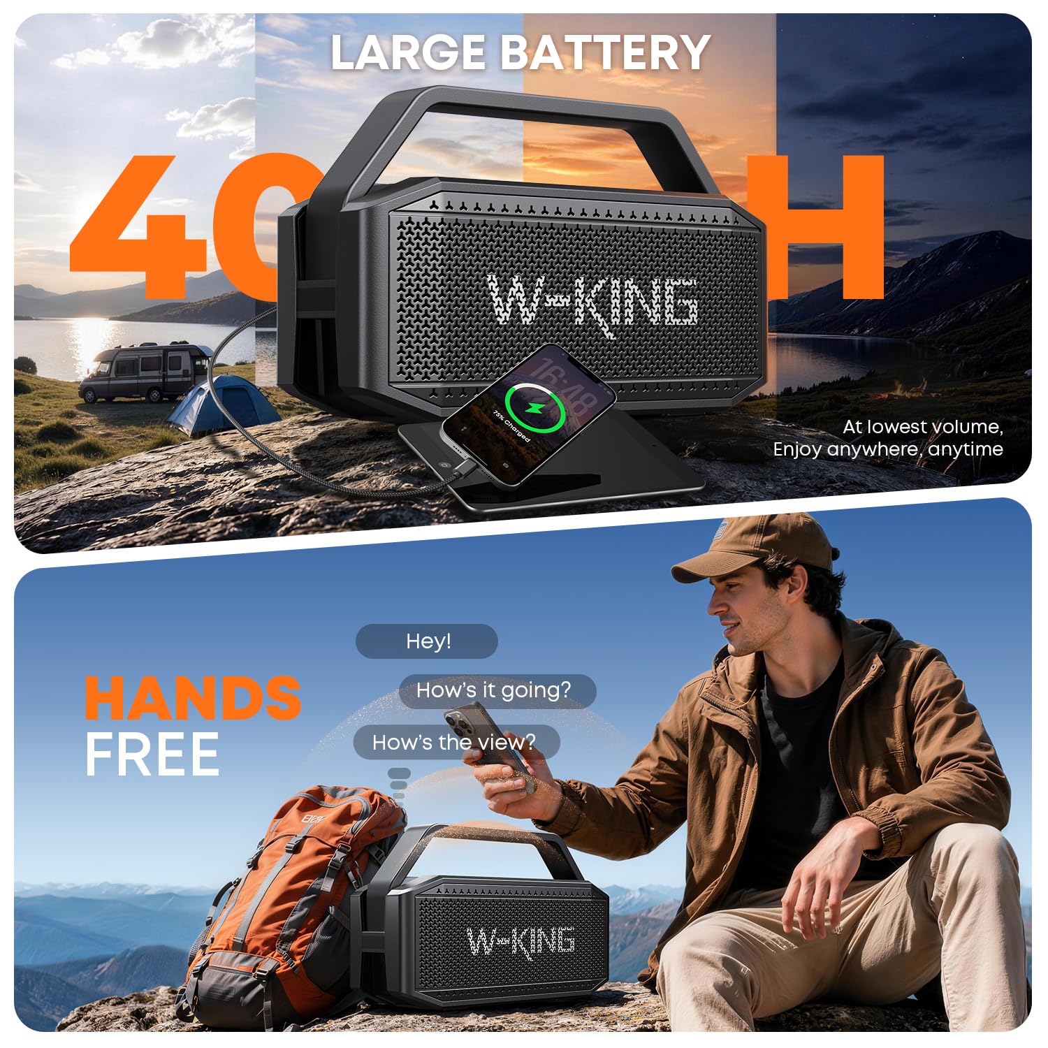 W-KING Subwoofer'lı Taşınabilir Yüksek Bluetooth Hoparlörler, 60W Dış Mekan Hoparlörleri Bluetooth Kablosuz Su Geçirmez Hoparlör, Derin Bas/40H/TF/AUX
