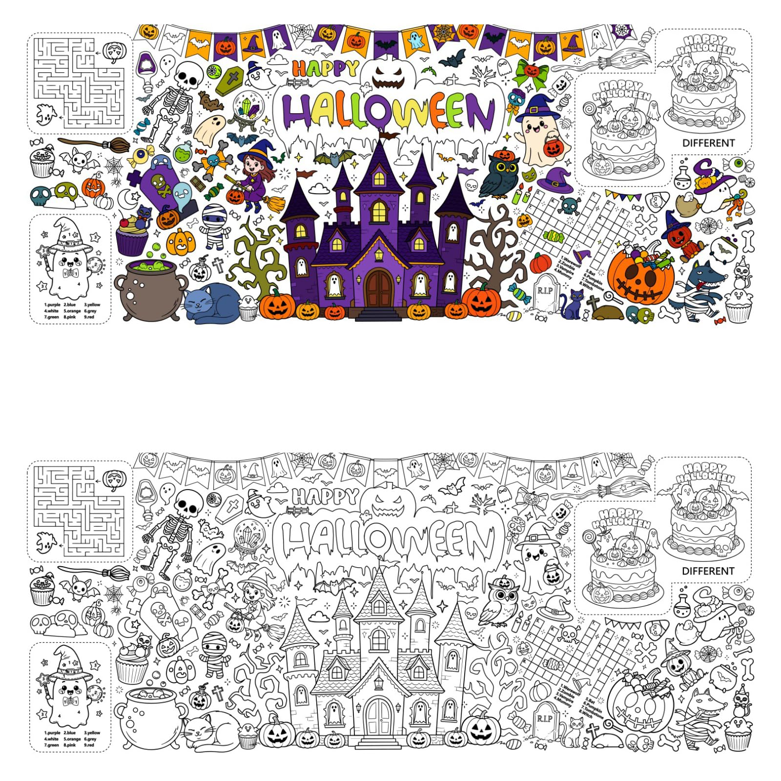 Eznaobo Halloween Coloring Tablecloth,30 x 72 Inch DIY Kids Party Tablecloth,Halloween Giant Colouring Poster Table Cloth for Kids, Boys Girls Birthday Gift, Craft Doodle Art