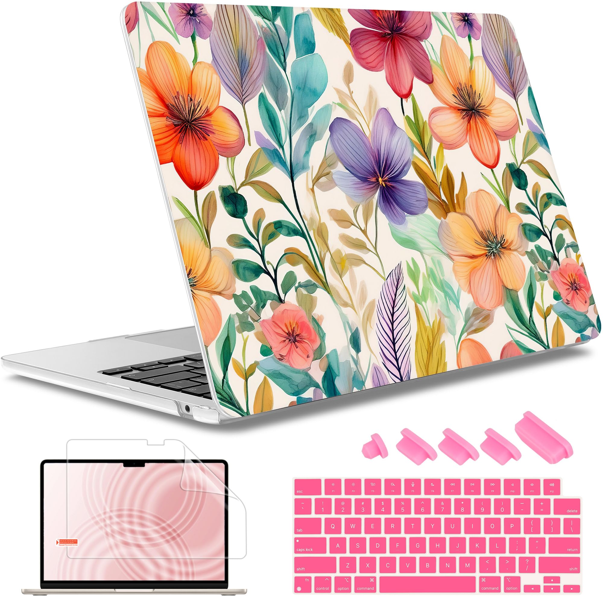 May Chen for MacBook Air 13.6 inch Case A3240 M4 A3113 M3 A2681 M2 with Retina Dispaly, 2025 2024 2023 2022 Release, Plastic Hard Shell Case with Screen Protector & Keyboard Cover, Flowers Watercolor