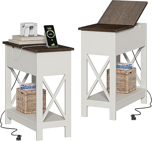 Miniatura 8 de ChooChoo Mesa auxiliar con estación de carga, mesa auxiliar estrecha abatible con puertos USB y tomas de corriente para espacios pequeños, mesita de