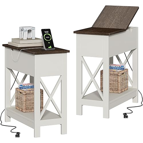 ChooChoo End Table with Charging Station, Narrow Flip Top Side Table with USB Ports & Power Outlets for Small Spaces, Nightstand Sofa Table for Living Room, Bedroom, White and Brown, 2 Pack
