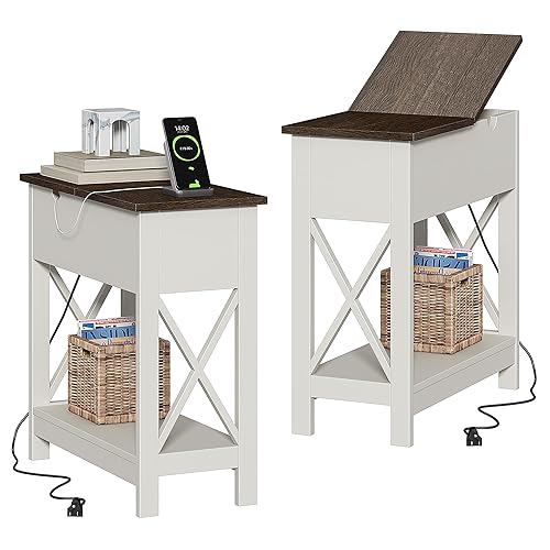 ChooChoo End Table with Charging Station, Narrow Flip Top Side Table with USB Ports & Power Outlets for Small Spaces, Nightstand Sofa Table for Living Room, Bedroom, White and Brown, 2 Pack